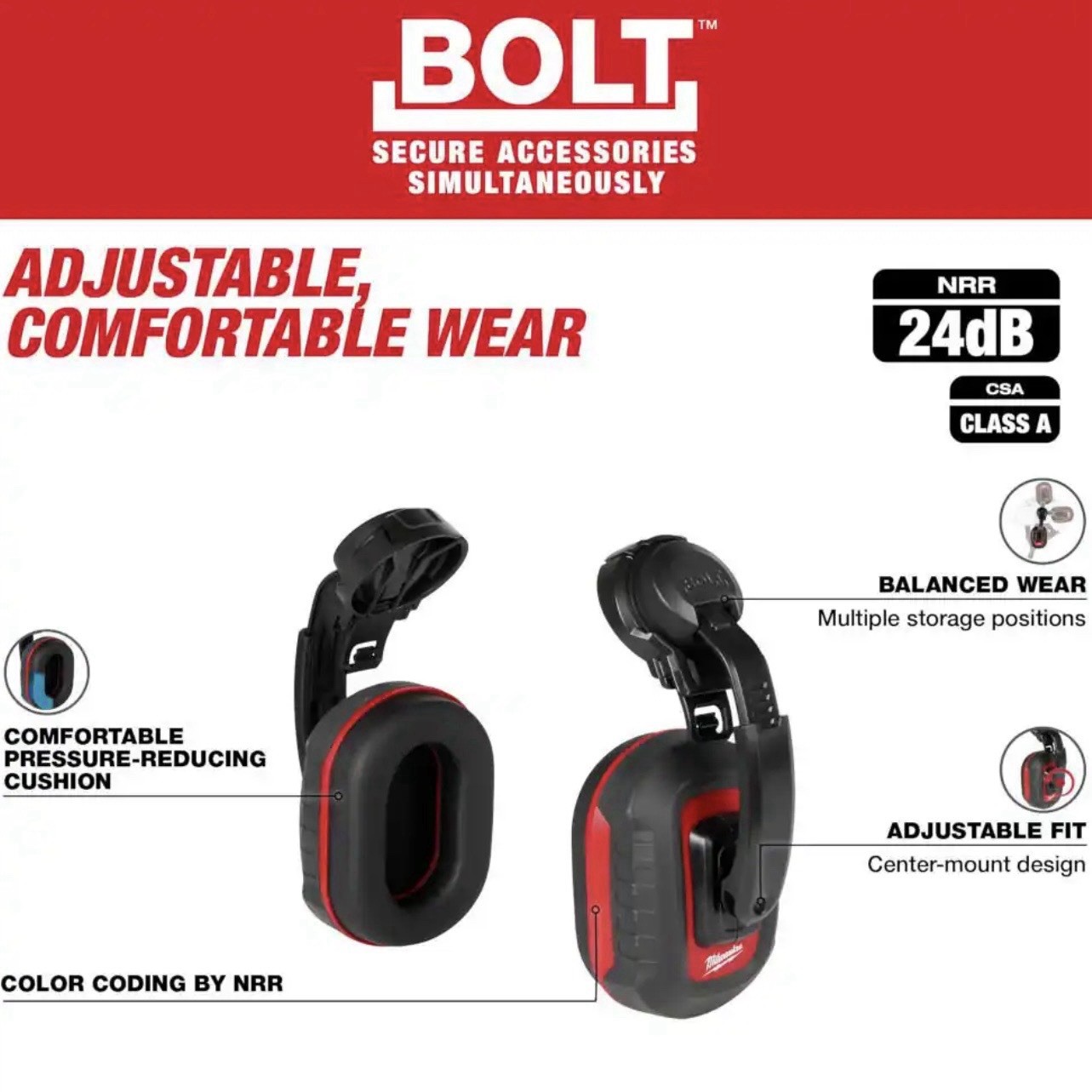 Milwaukee Noise Reduction Earmuffs BOLT 24dB Safety Helmets Hard Hats 48-73-3250