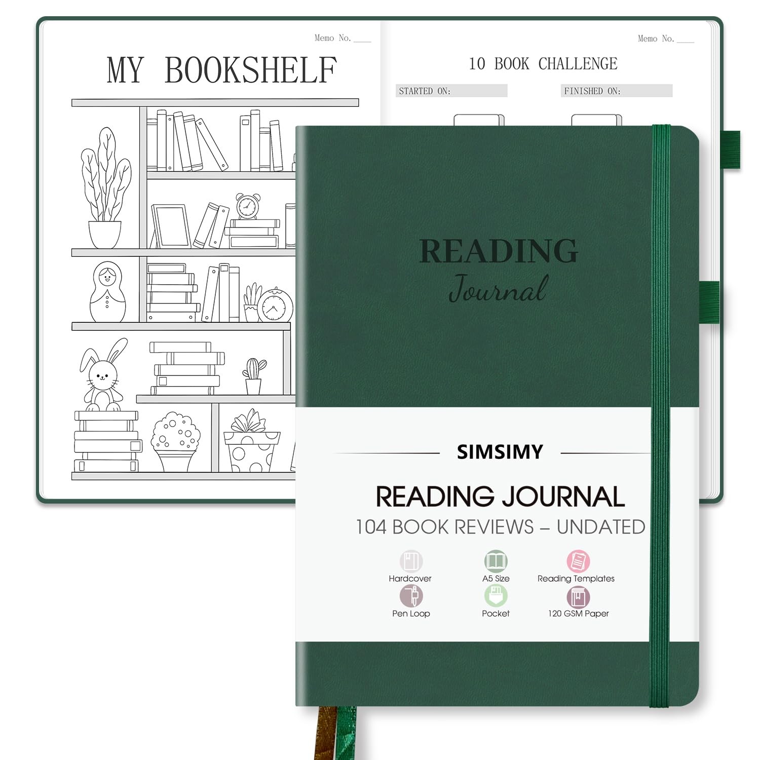 Dark Green A5 Reading Journal 104 Book Reviews Log Notebook Readers Gifts