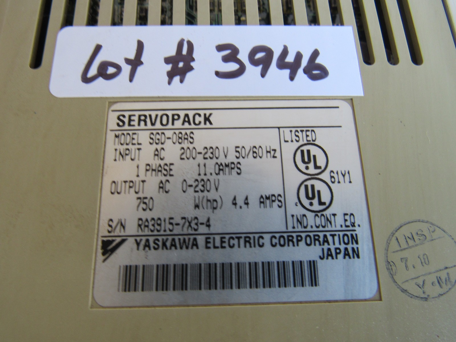 Yasnac Yaskawa Servopack SGD-08AS 200V Lot #3946 Listed by Greg