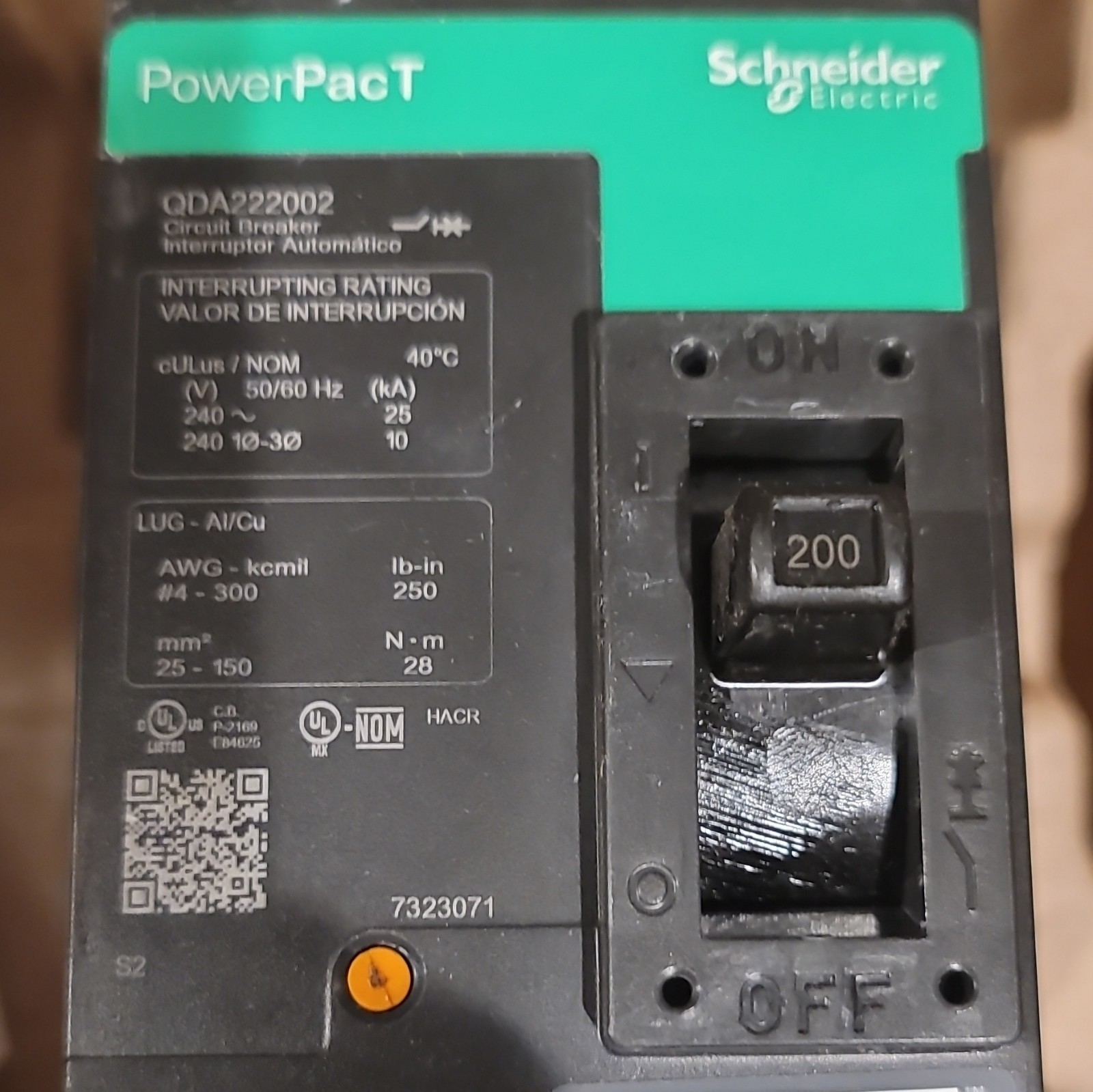 Schneider Electric PowerPacT QDA222002 200A 2-Pole 201-250V HACR Lug