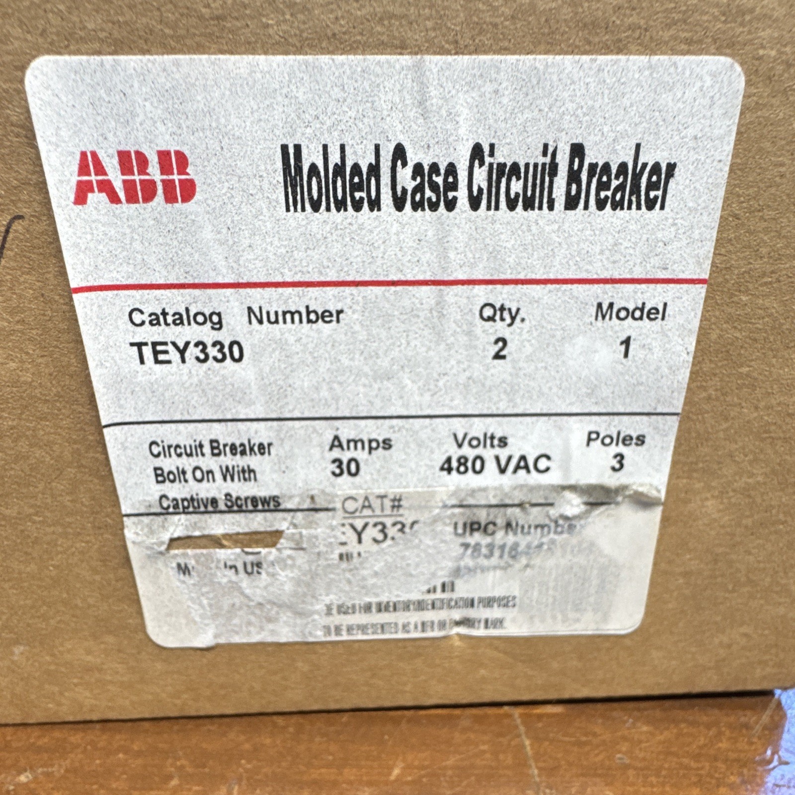 ABB TEY330 30A 480VAC 3-Pole Bolt-On Molded Case Circuit Breaker, 2 Pack