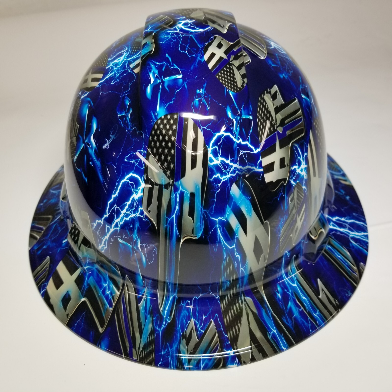 full brim hard hat custom hydro dipped IN BLUE LINE ICE SKULLS BLUE LIGHTNING