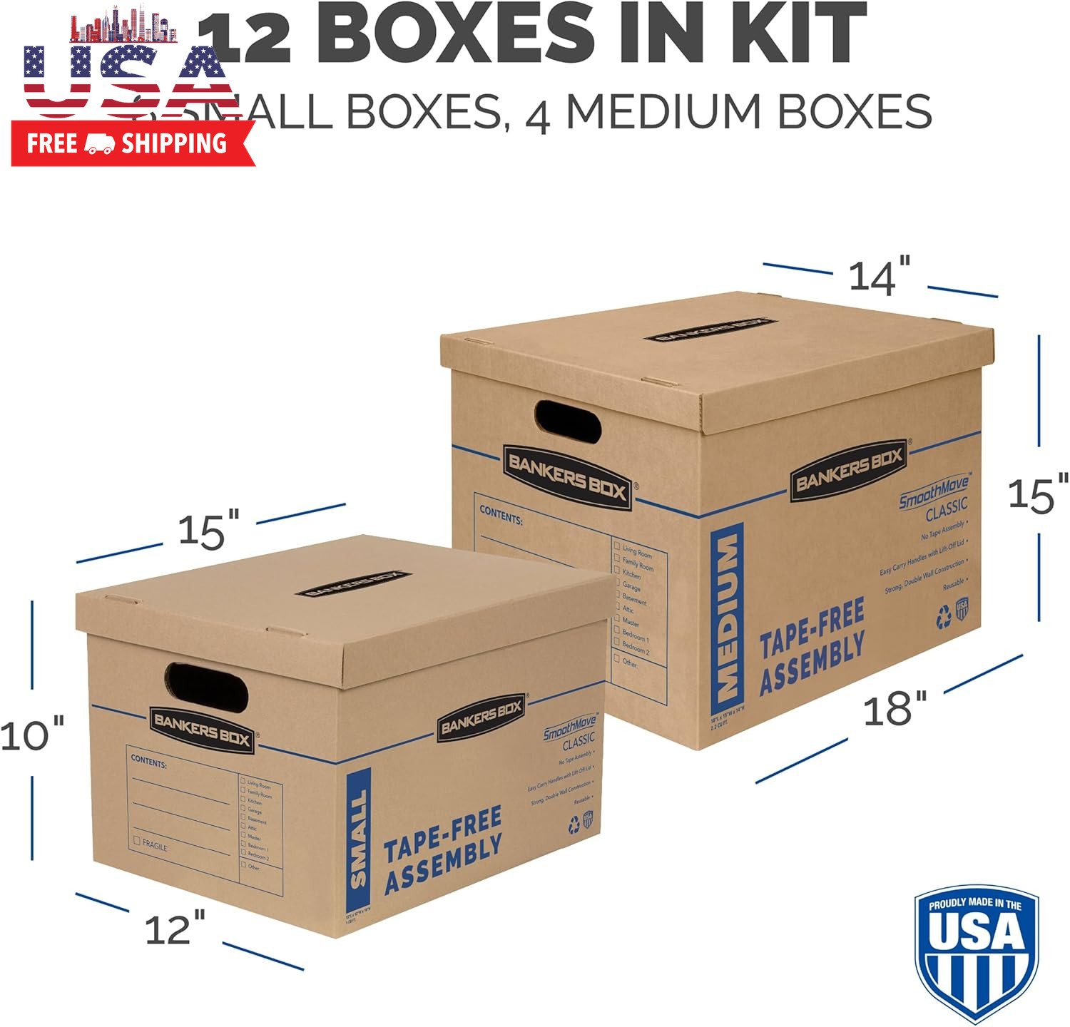Classic Moving Box 12 Pack Kit, Reinforced Handles, Tape-Free Assembly, Box with