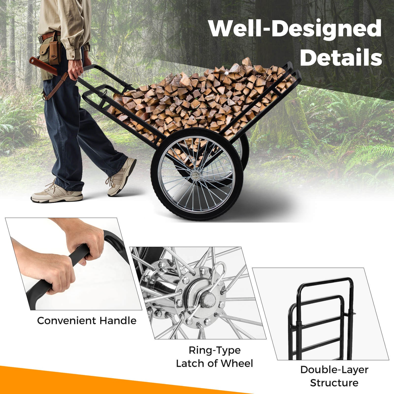 550 LBS Double-Layer Deer Cart w/20″ Rubber Wheels Heavy-Duty Flat Hauling Dolly