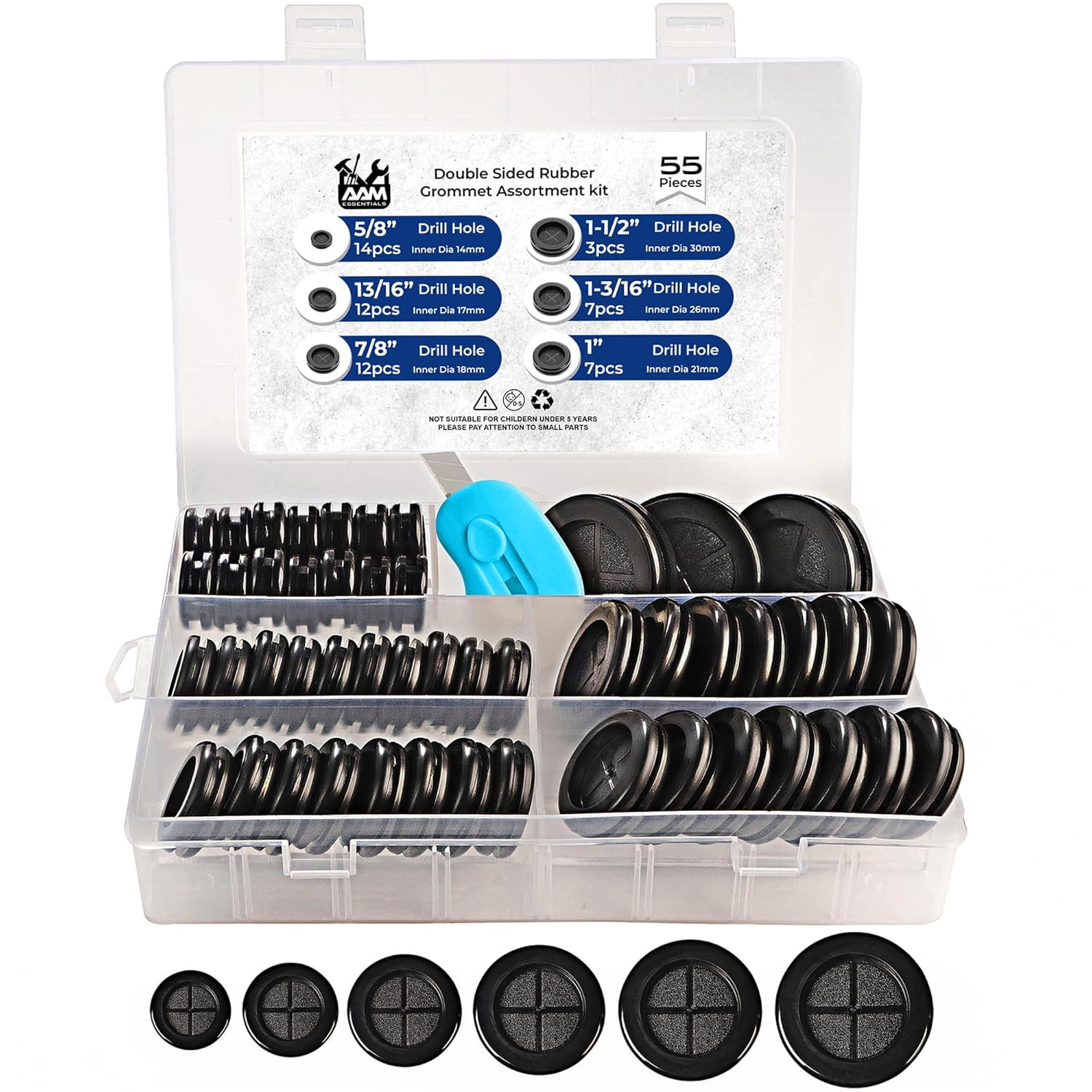 55Pcs Double-Sided Rubber Grommets Kit in 6 Assorted Sizes 5/8″,13/16″,7/8″,1″,1