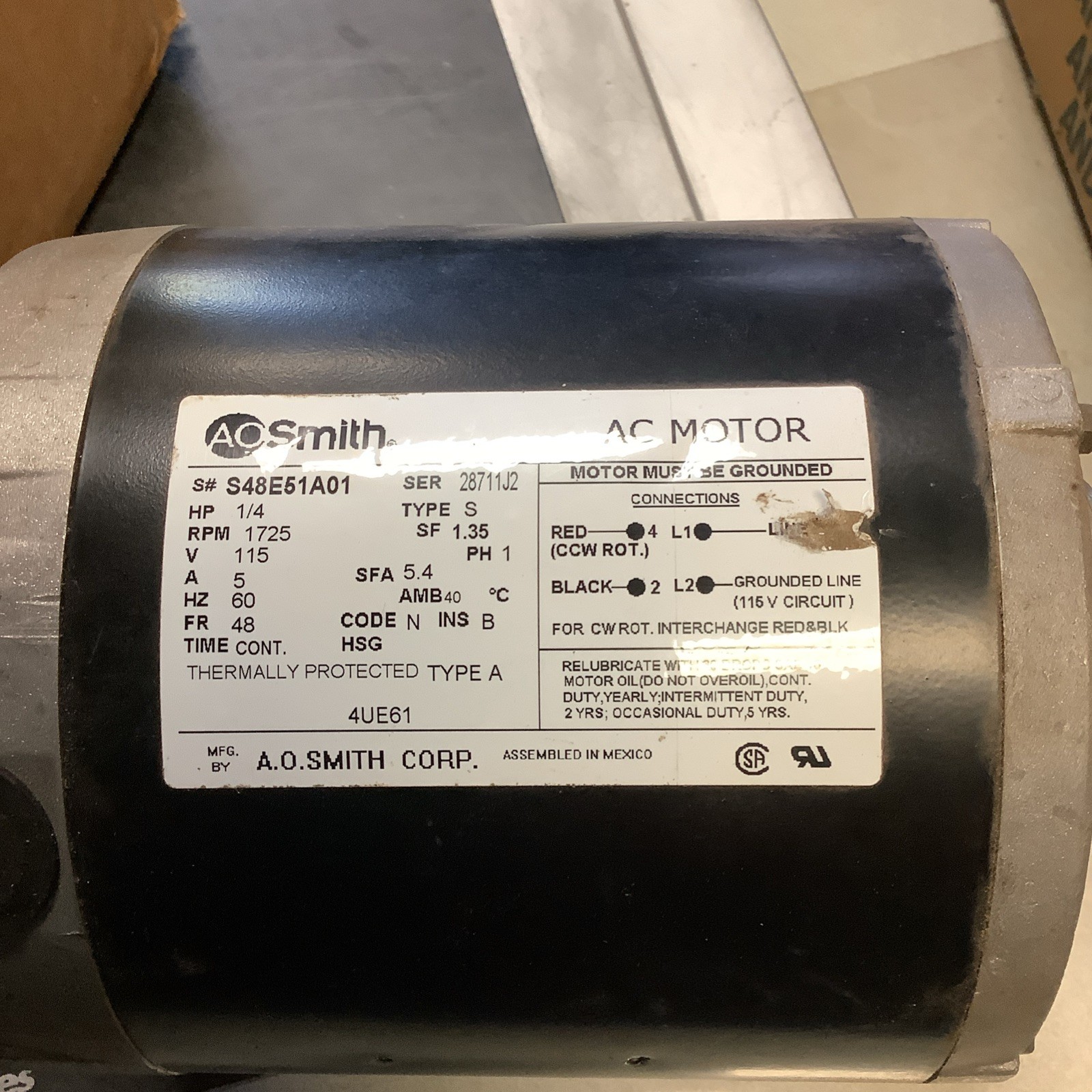 A.O.Smith 4UE61 Electric Motor, 1/4HP, 115V, 5.4AMP, 1725 RPM, 48 Frame