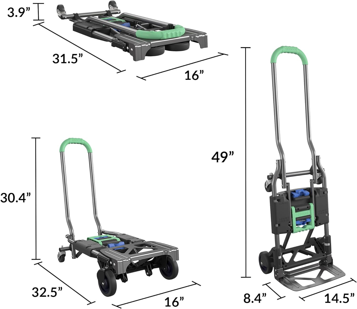 Shifter Multi-Position Folding Hand Truck and Cart, 300 Lb. Weight Capacity, Gre