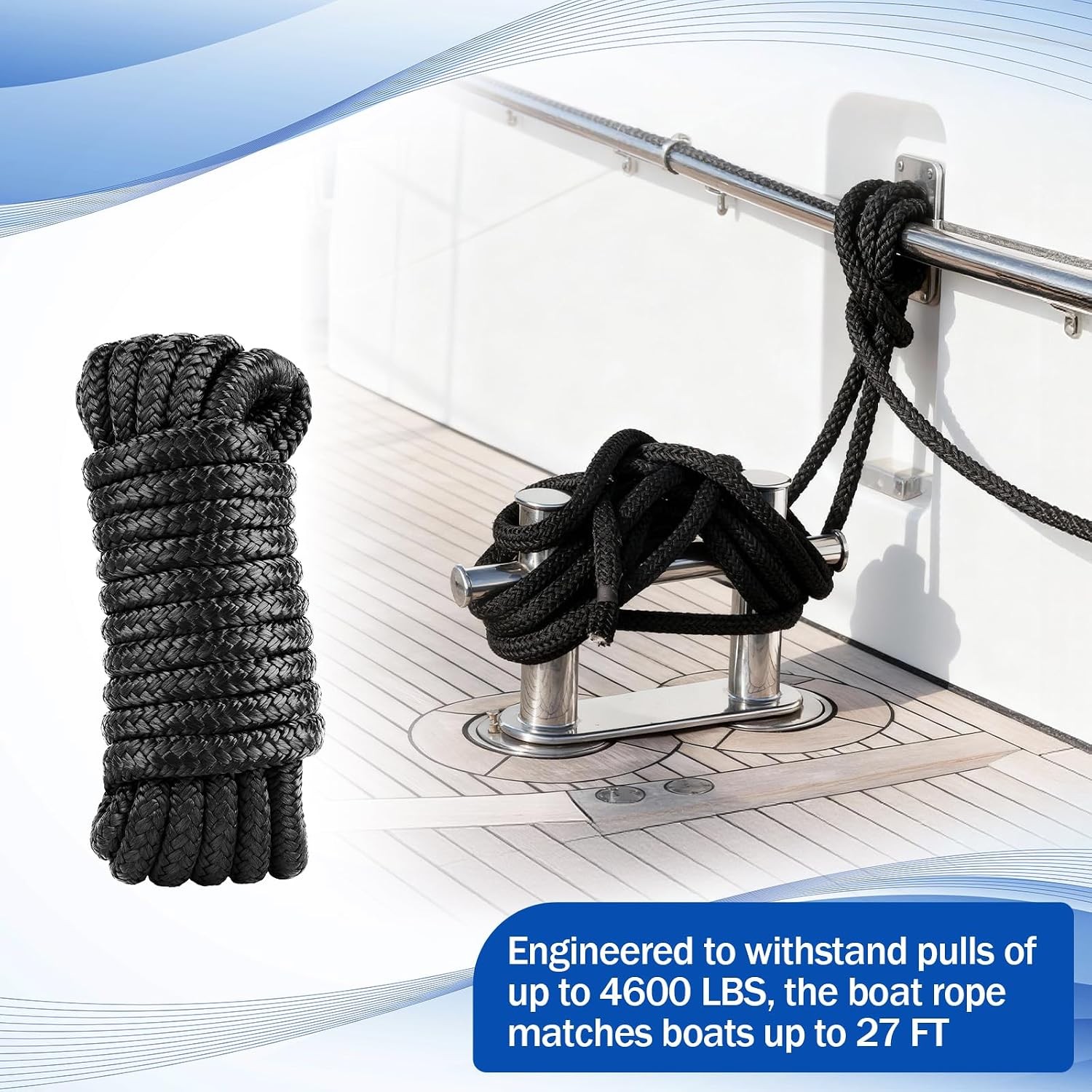 4pc 3/8″ x 15 FT Boat Dock Lines Nylon Double Braided Mooring Rope 12″ Black