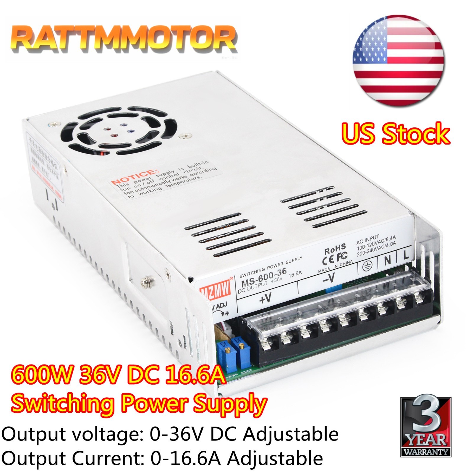 【US】36V Adjustable AC to DC Switching Power Supply 0-36V 16.6A 600W for LED/CNC