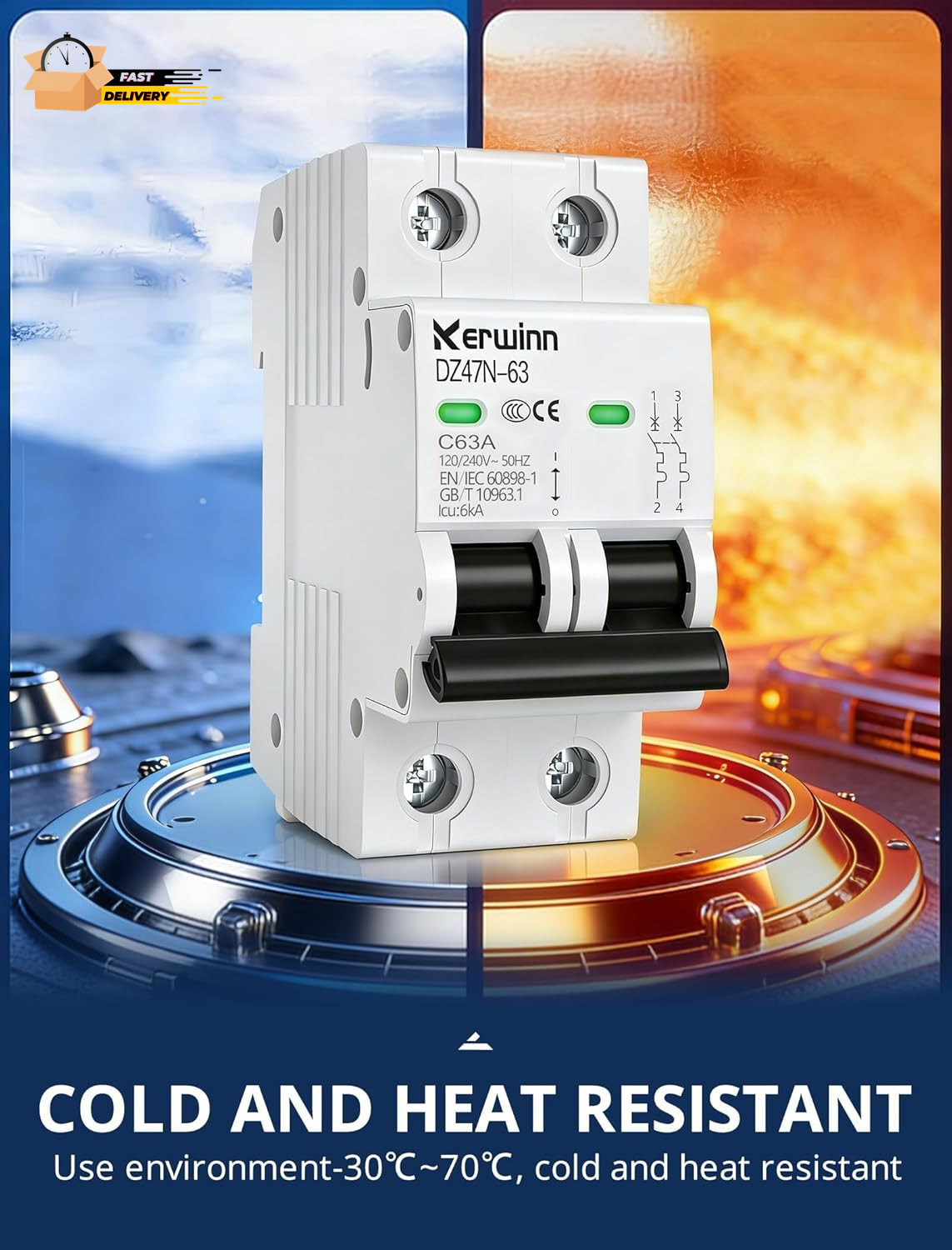 AC Miniature Circuit Breaker 2 Pole 50A (MCB),120V/240V 50/60Hz DIN Rail Mount