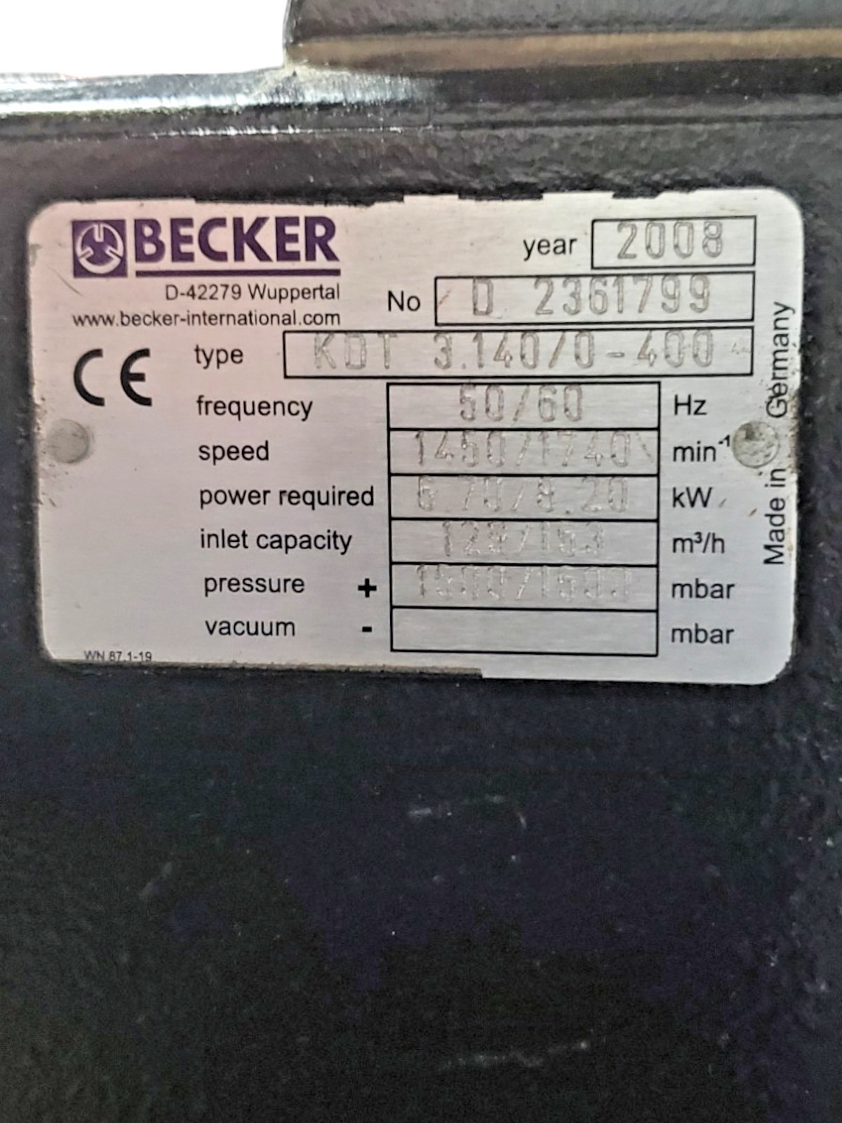 Becker KDT 3.140/0-400 VARIAIR Rotary Vane Compressor Oil Free 6.70/8.20kW