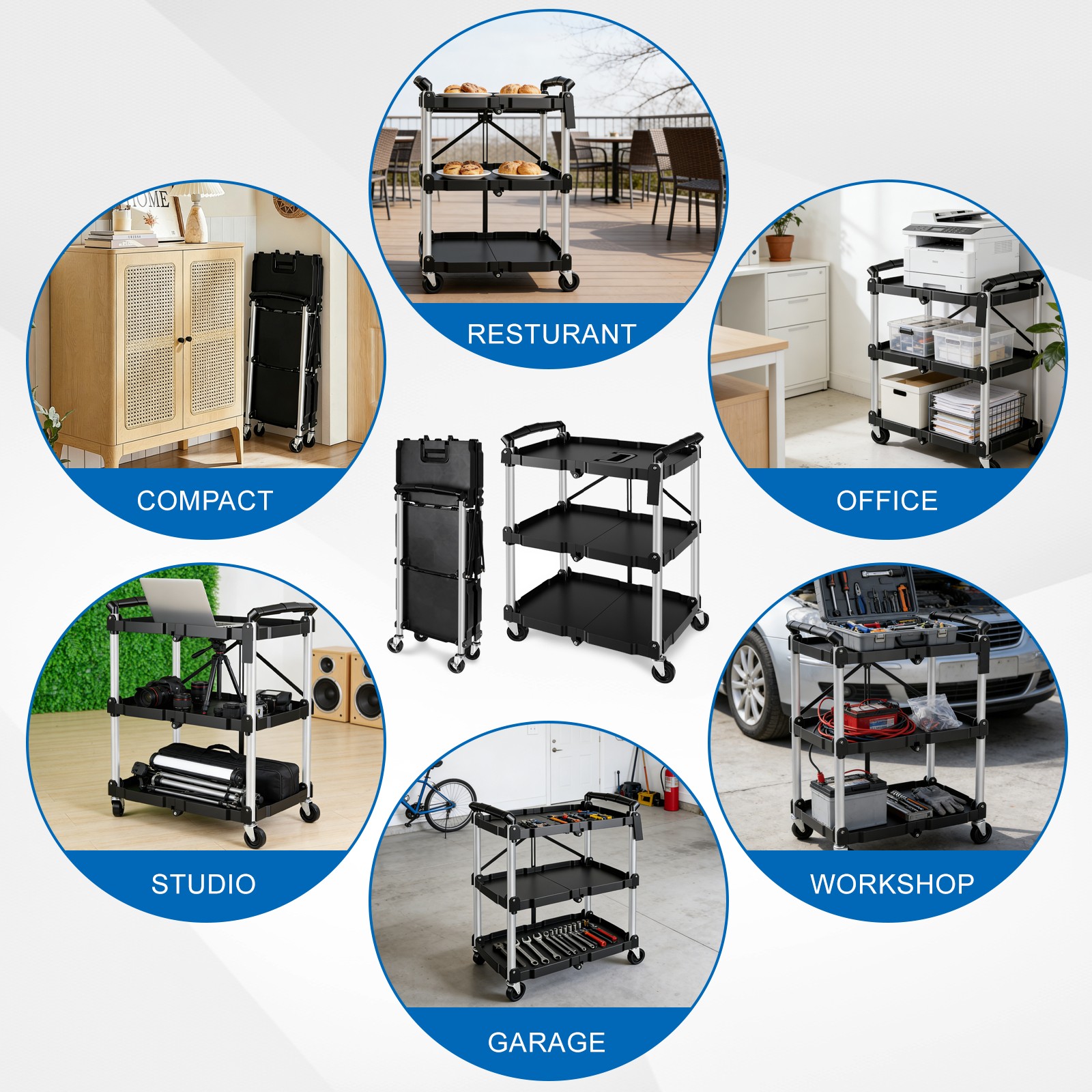 Folding Collapsible Utility Service Cart 3 Shelf 150LB w/ Swivel Lockable Wheels