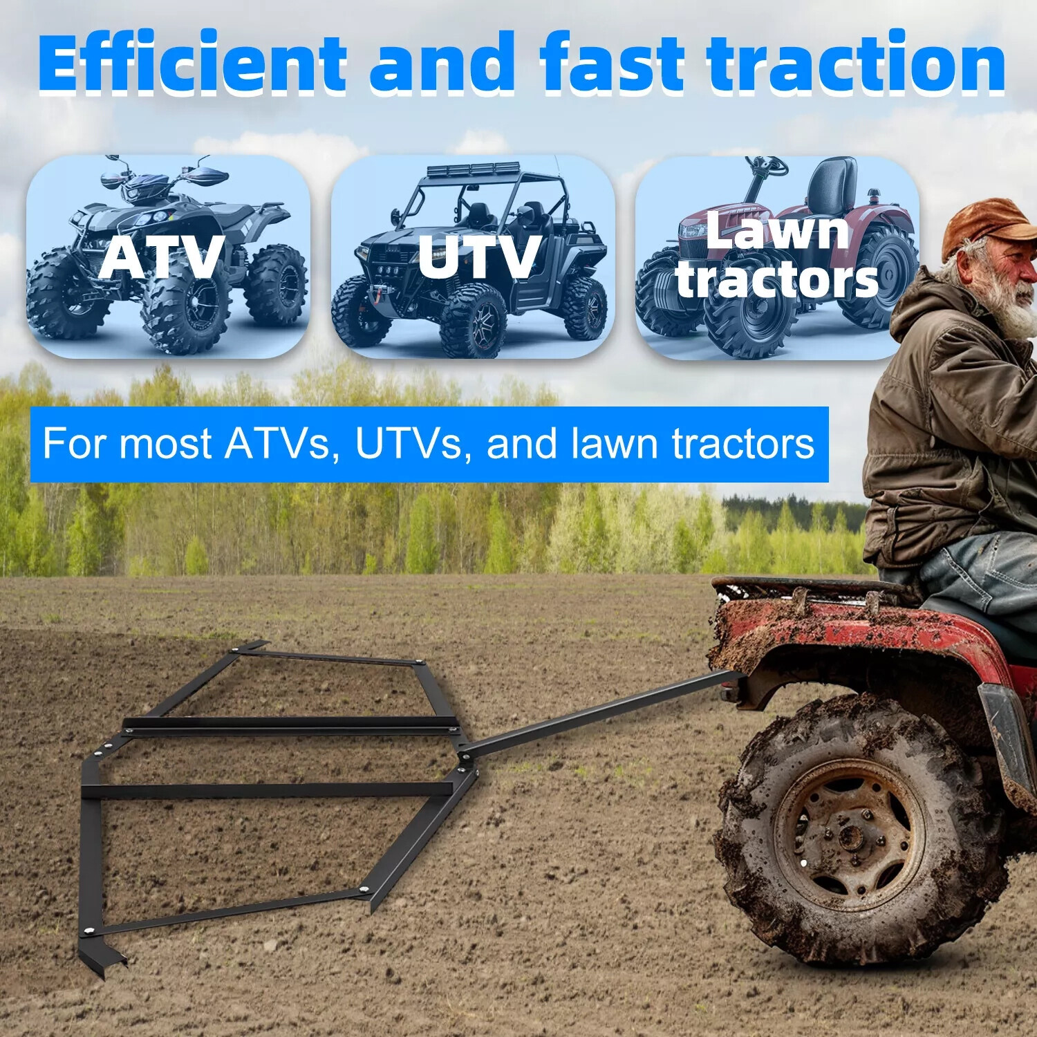Tow Behind Drag Harrow for ATV UTV And Garden Lawn Tractor with 72″ Width