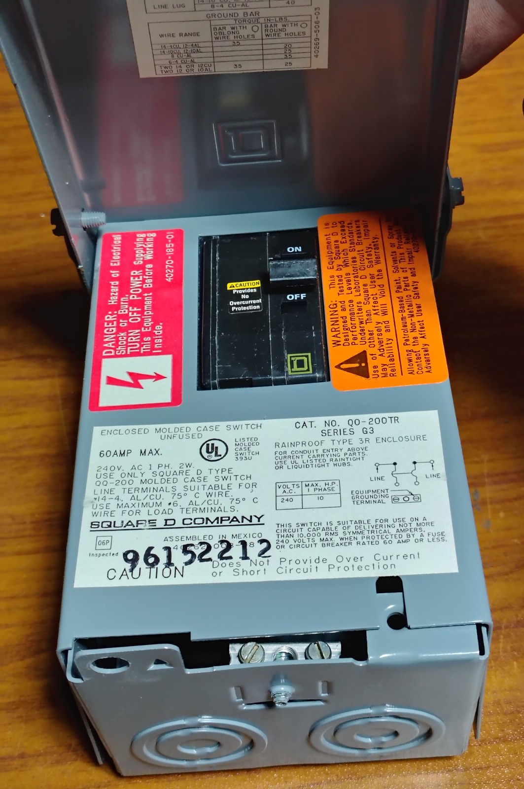 Square D QO200TR AC Disconnect Switch 60 Amp 240 Volt 1PH2W Nema 3R -NEW