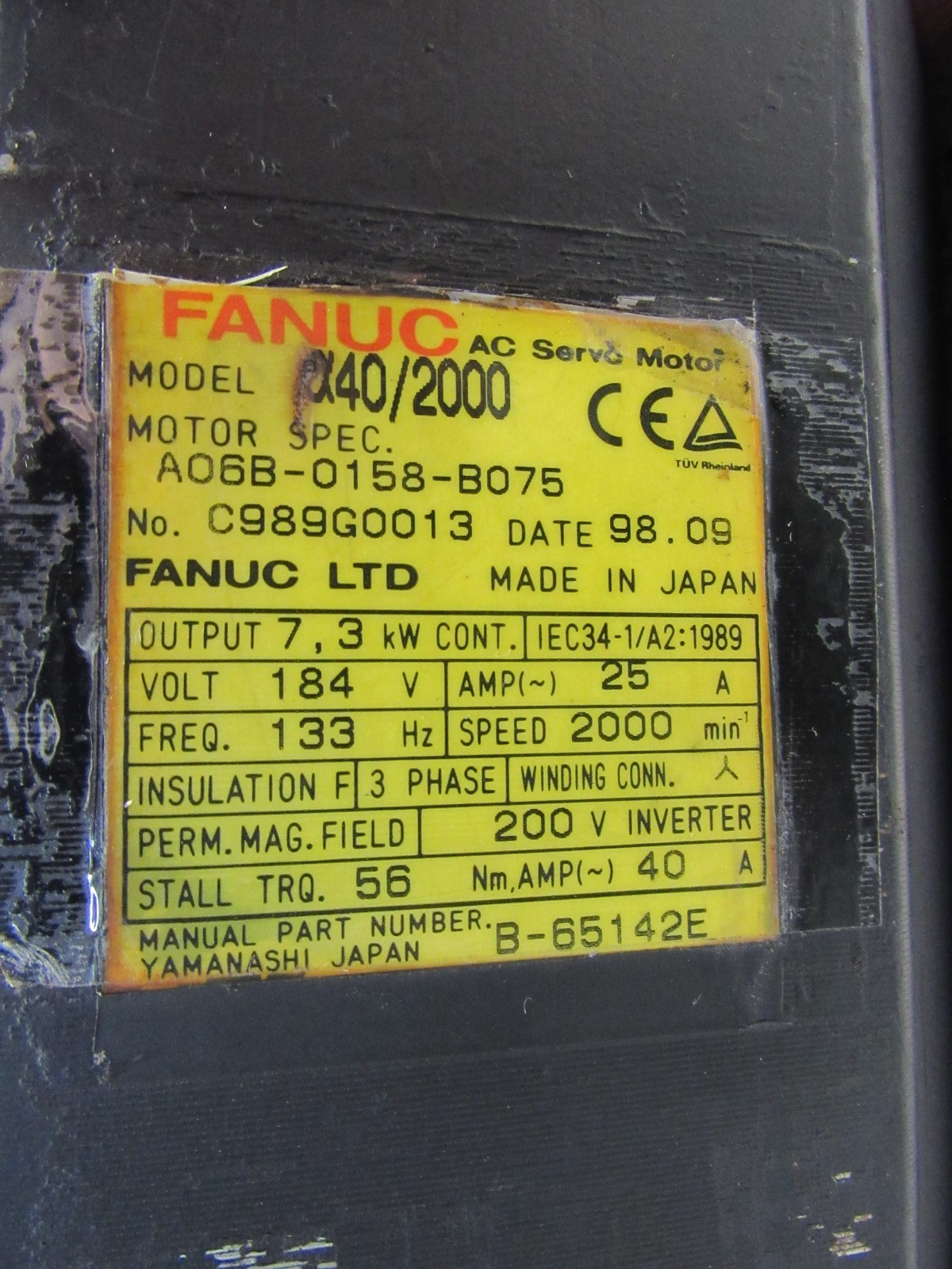 FANUC a40/2000 A06B-0158-B075 SERVO MOTOR 7.3KW 184V NEW SURPLUS NO BOX M/OFFER