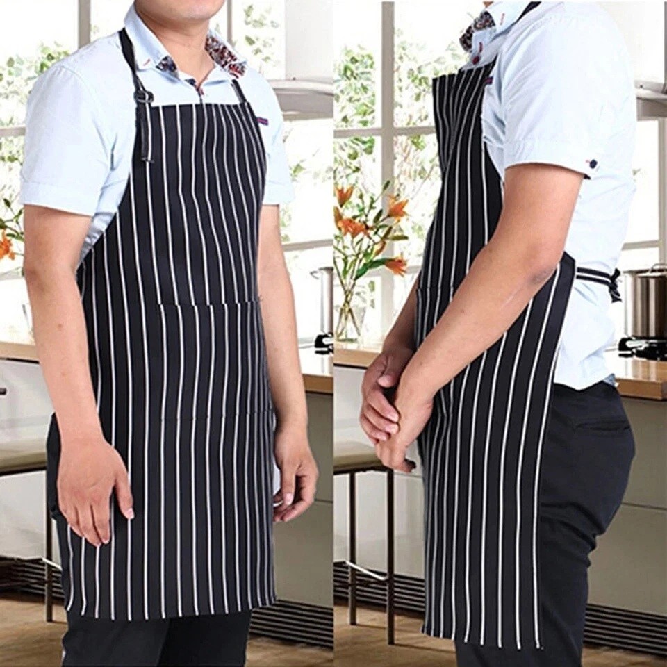 1Pc Adjustable Chef Apron with Two Pockets Striped Kitchen Bib for Men and Women