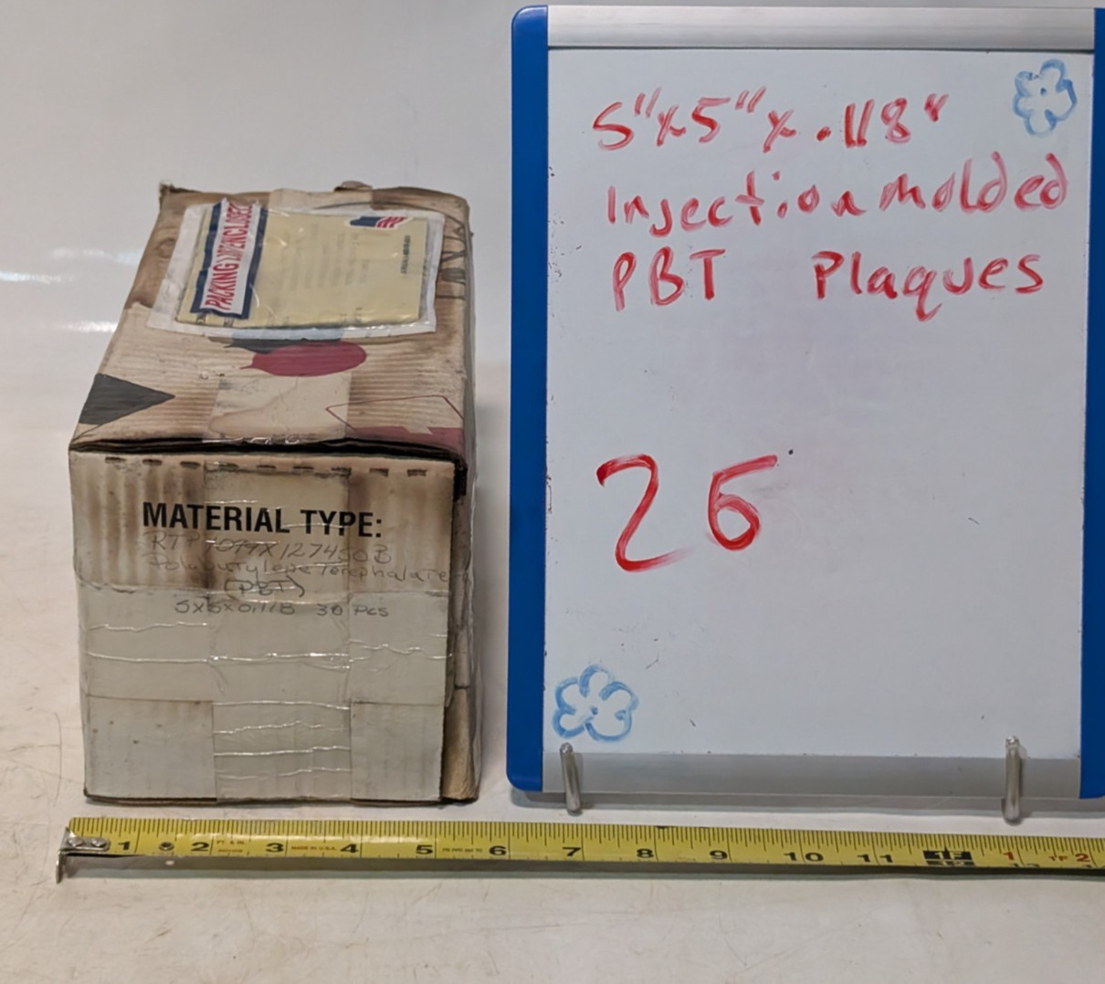Box of 26 Standard Plaque 1A-2 Injection Molded 5″x5″x0.118″ PBT Lab Test Panels