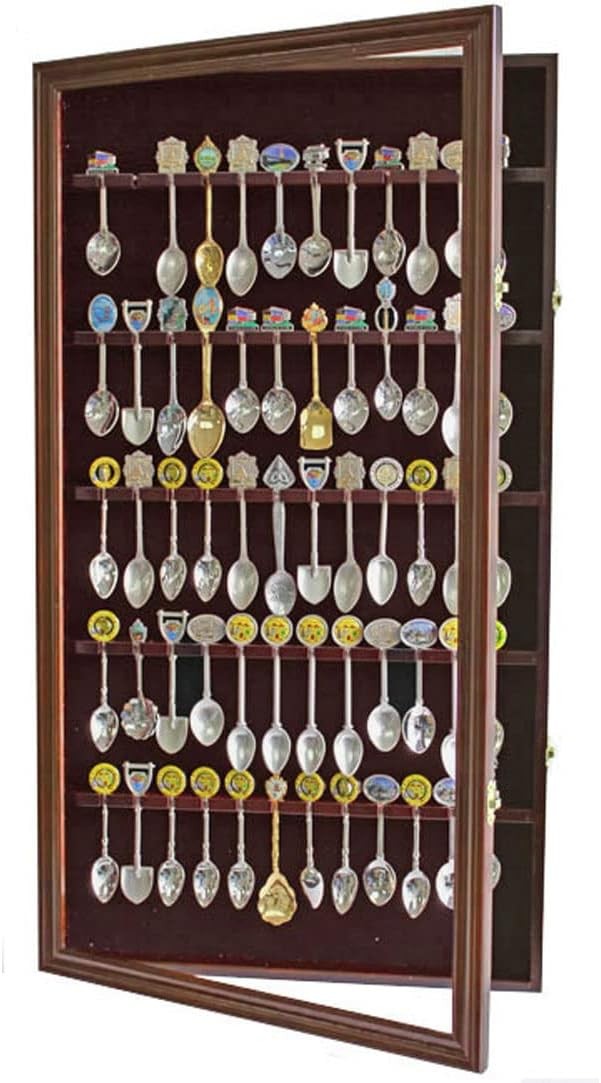 60 Souvenir Spoon Tea Display Case Rack Holder Wall Small, Walnut