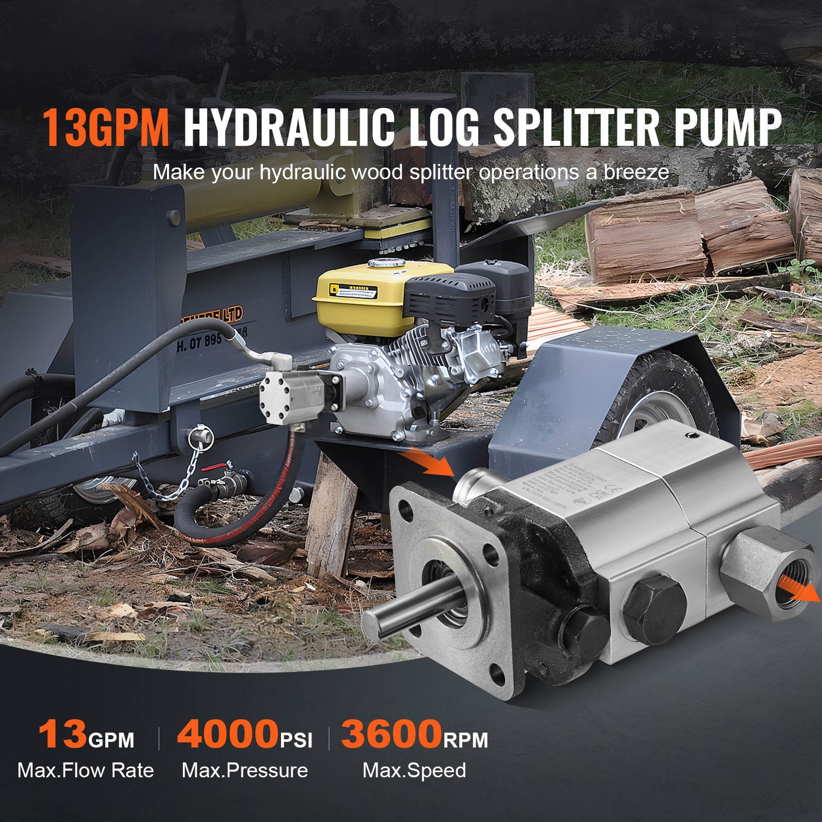VEVOR Hydraulic Wood Log Splitter Pump Kit Gear Pump 13GPM 2 Stage with Coupling
