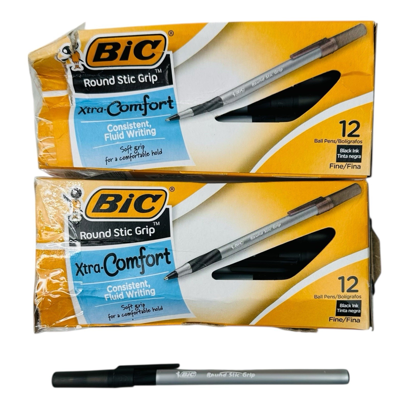 24 Pens BIC Round Stic Grip Xtra-Comfort Black Ink Ballpoint Pen Fine Point