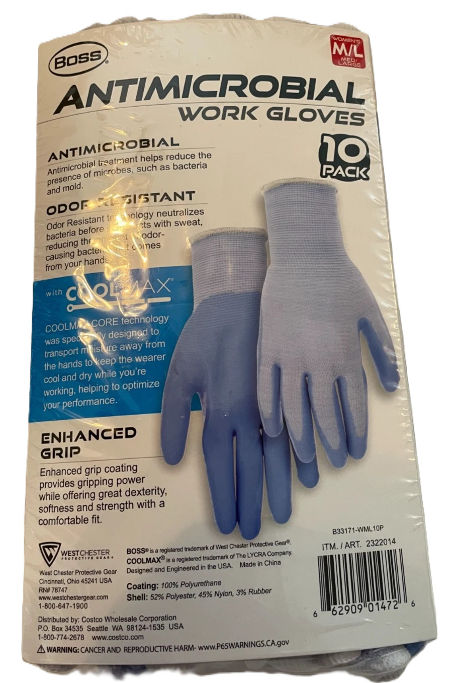 Boss Antimicrobial Women’s Work Gloves with Grip Coating – CoolMax Core (10PK)