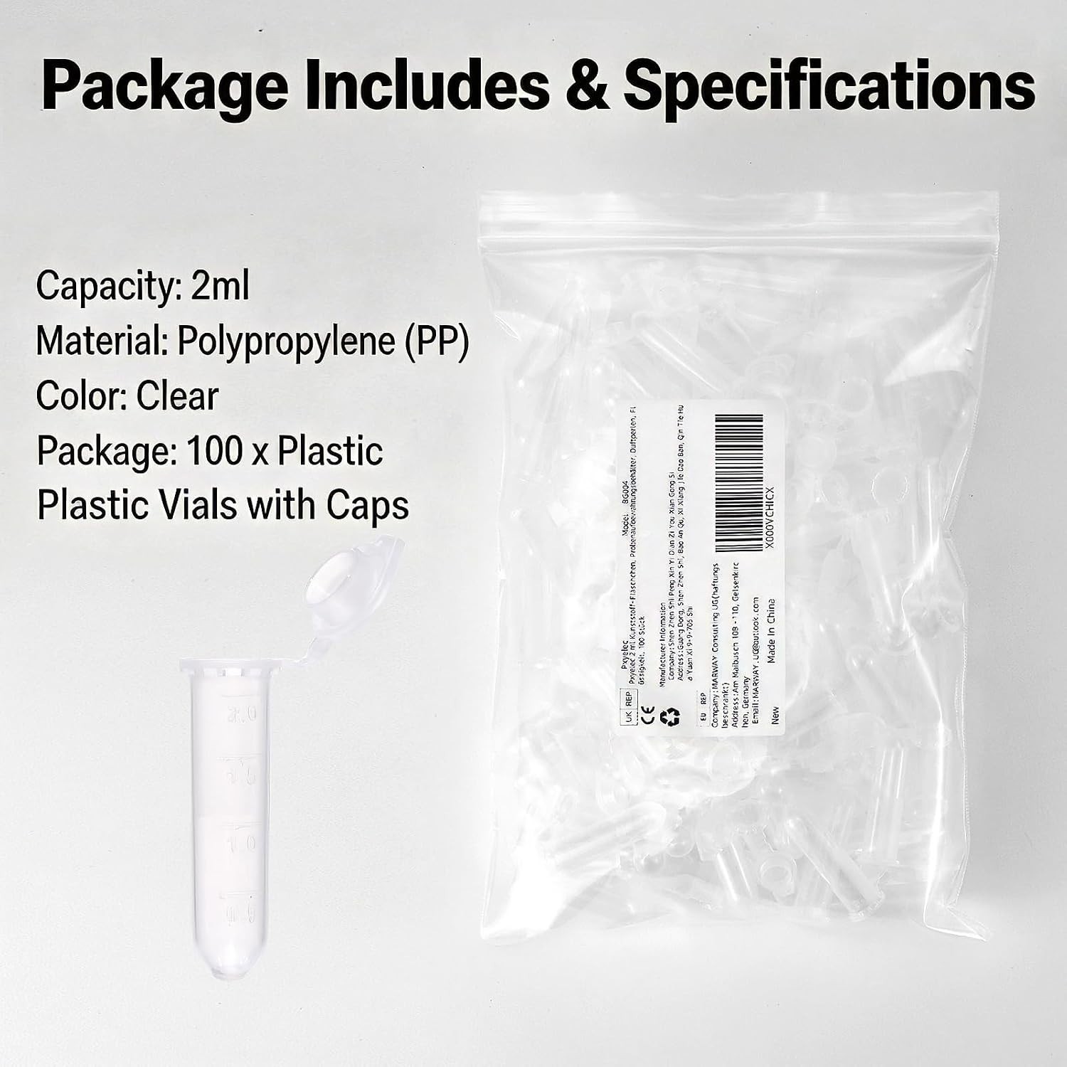 100pcs 2ml Shatterproof Plastic Vials with Leak-Proof Caps for Sample Storage