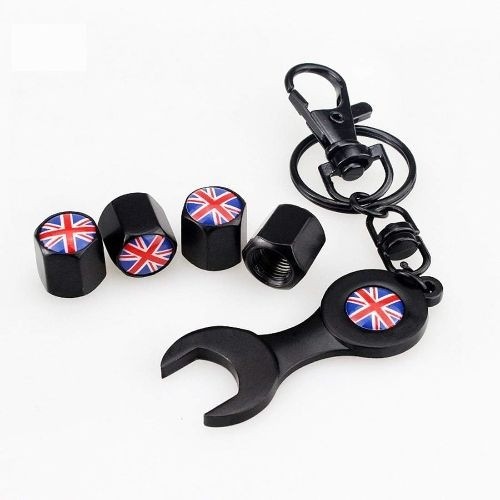 Mini Cooper Union Jack British Flag with 4pcs Tire Valve Stem Caps + Keychain Se