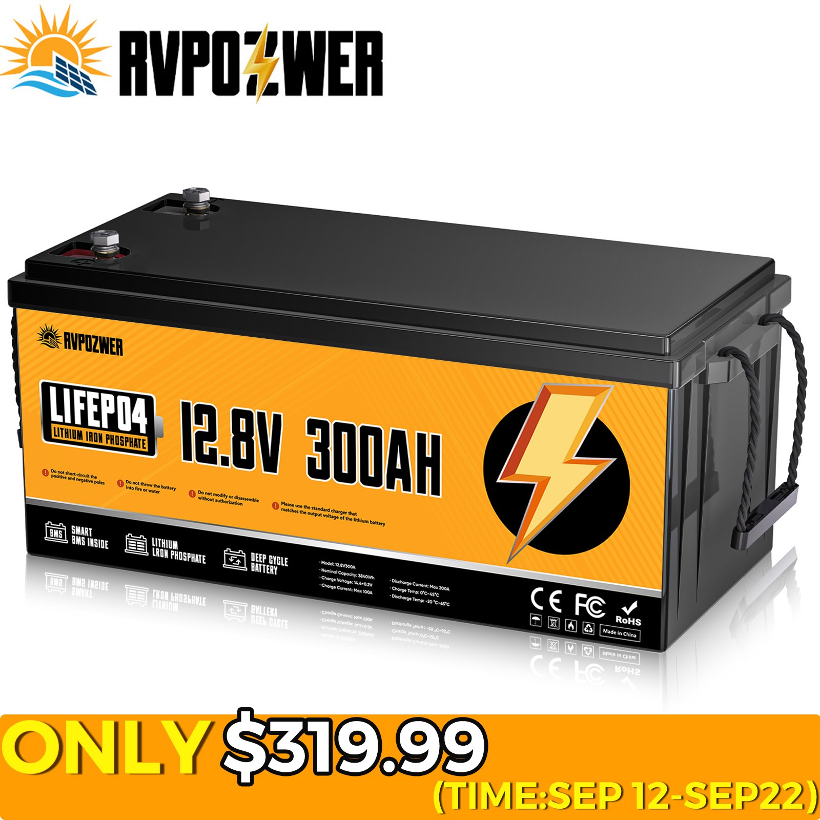 12V 300Ah Lithium LiFePO4 Battery 200A BMS for Golf Cart RV Marine Solar Panels