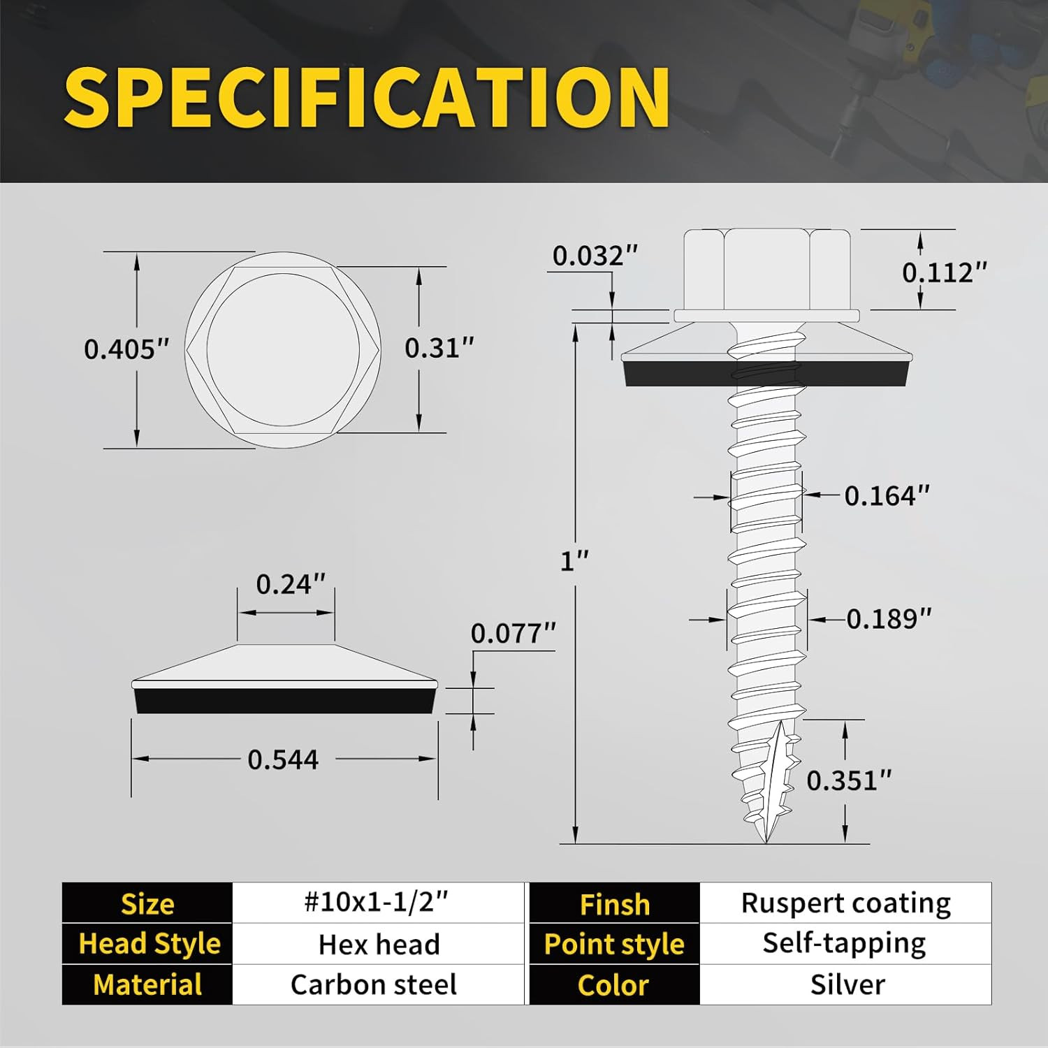 Metal Roofing Screws #10 X -/”, 300 PCS, RUSPERT Hex Head Rubber Washer Sheet M