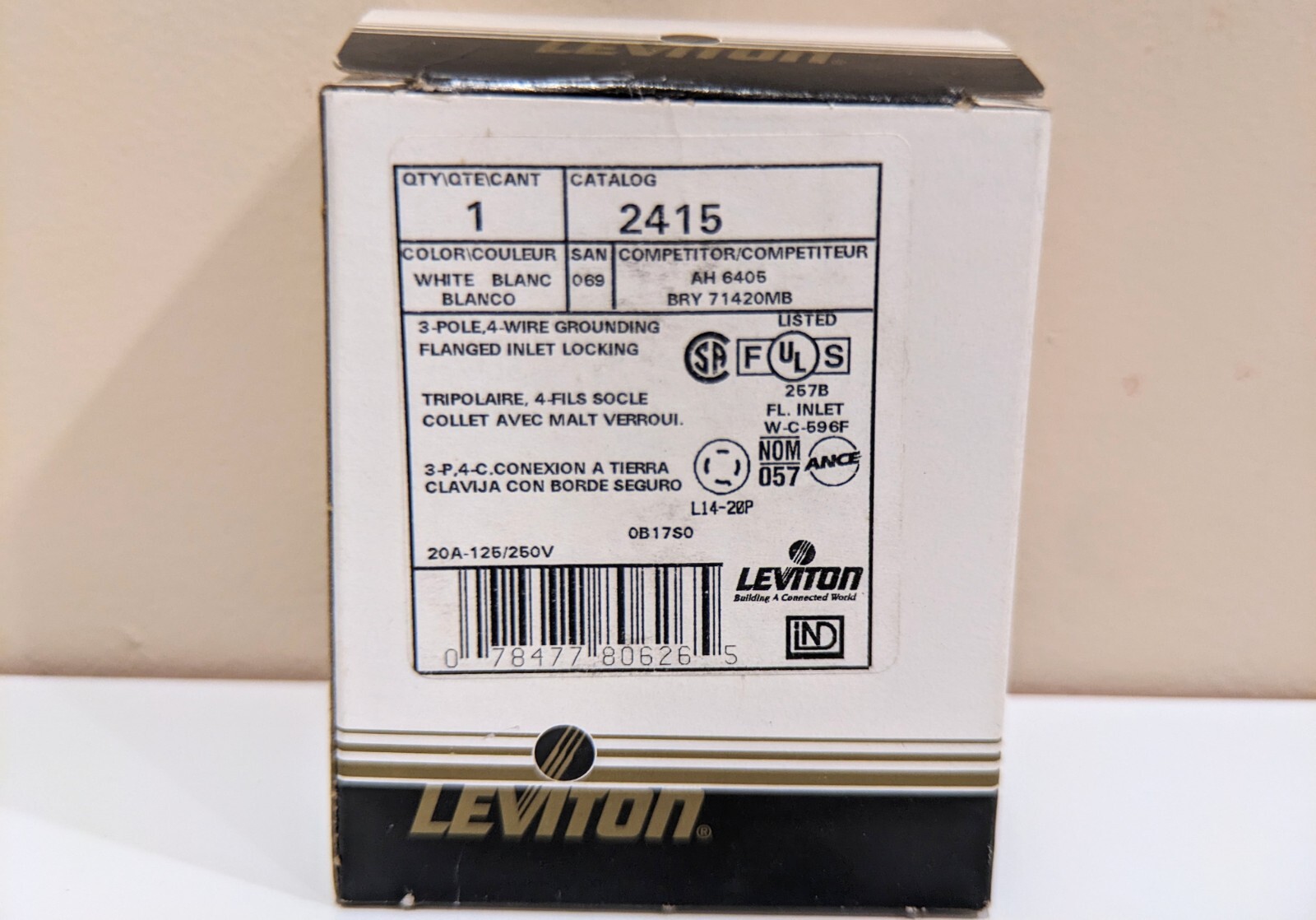 Leviton 2415 20A 125/250V NEMA L21-30P 3P 4 Wire Locking Flanged Inlet – NIB