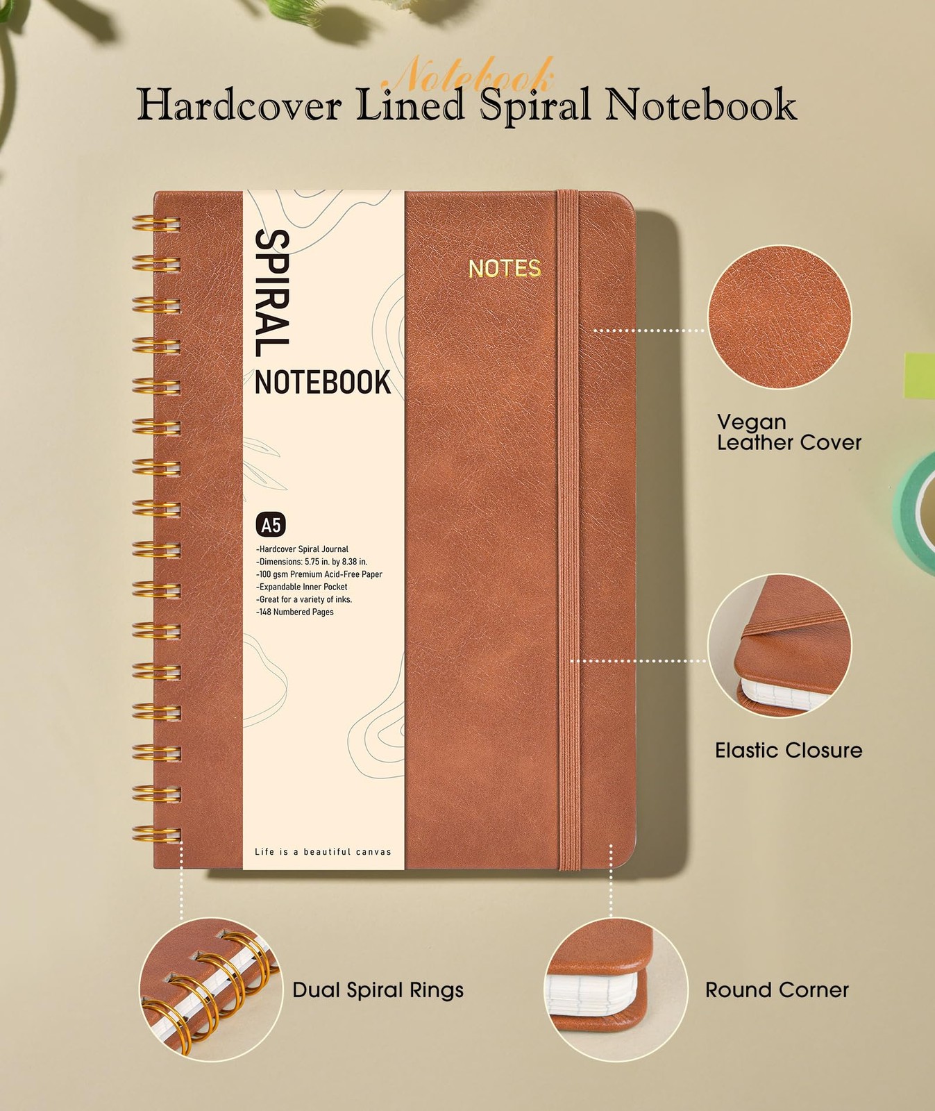 Dotted Spiral Journal Notebook, A5 Hardcover Spiral Journals for Women Men, 100
