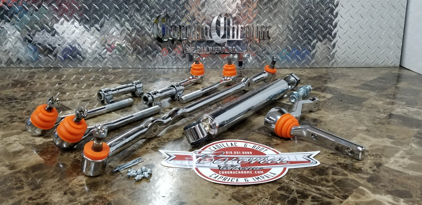 Chrome Steering Linkage Kit with Damper Shock 77-96 Cadillac/Caprice