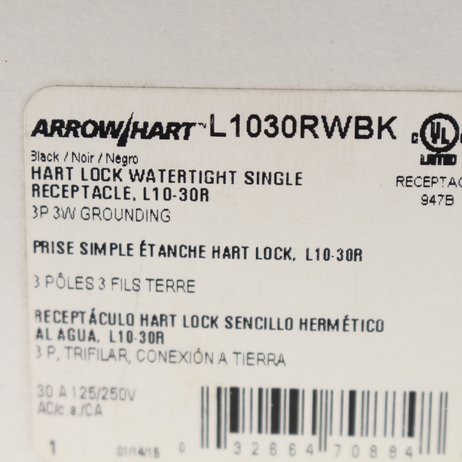 Cooper L1030RWBK Watertight 30A Locking Receptacle Outlet L10-30R 125/250V 3P3W
