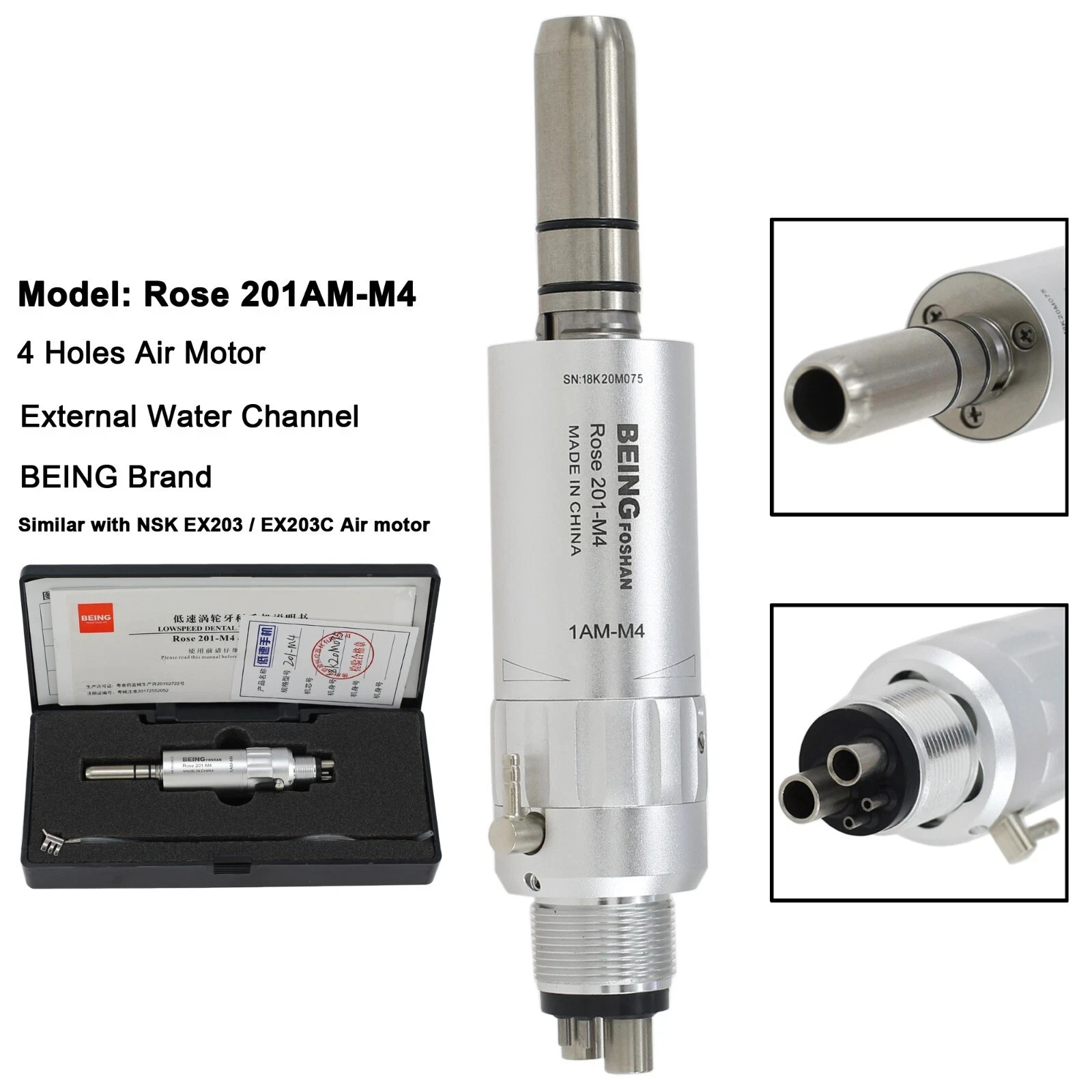 Dental Hygienist Prophy Handpiece Integrity Air Motor 4 Holes 3 Nose Cones Kit