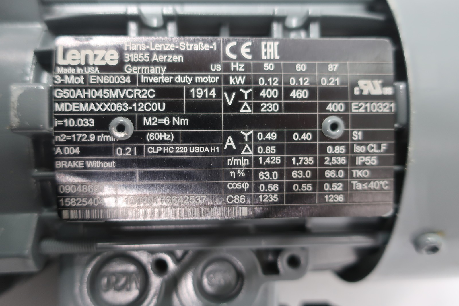 Lenze G50AH045MVCR2C Gearmotor 460v-ac 0.12kw 3ph 1.735rpm