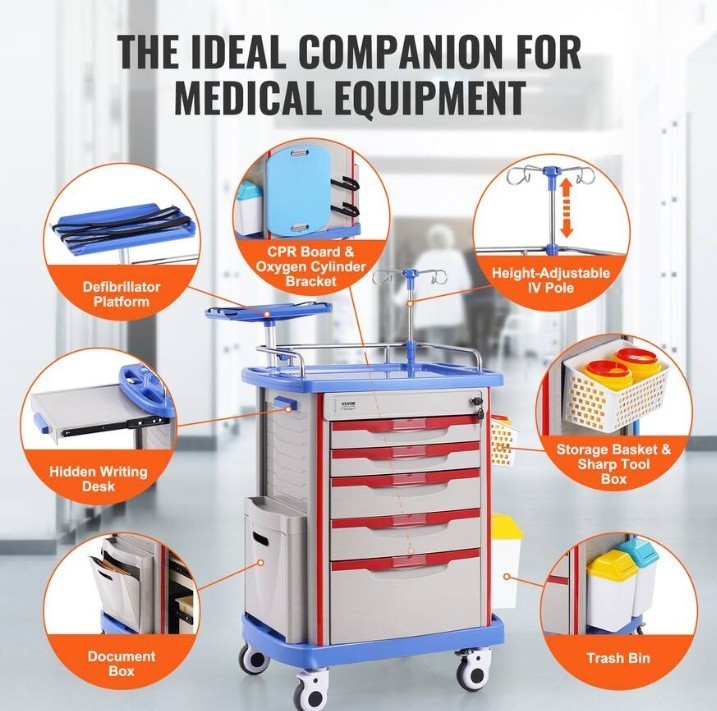 VEVOR 5 Tier Lab Cart – Mobile Medical Cart with 5 Drawers, IV Pole, Back Board