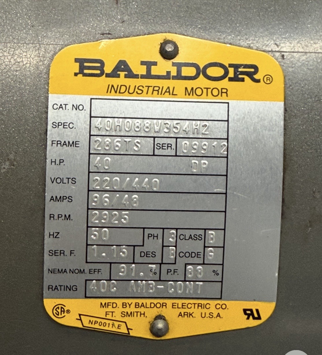 Baldor 286TS 40 HP Motor