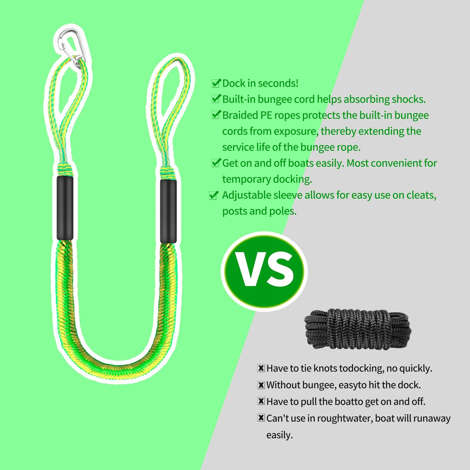 Boat Bungee Dock Lines 4 ft – Single Hook Dock Rope with 2 Loops, 2 Pack (Gre…