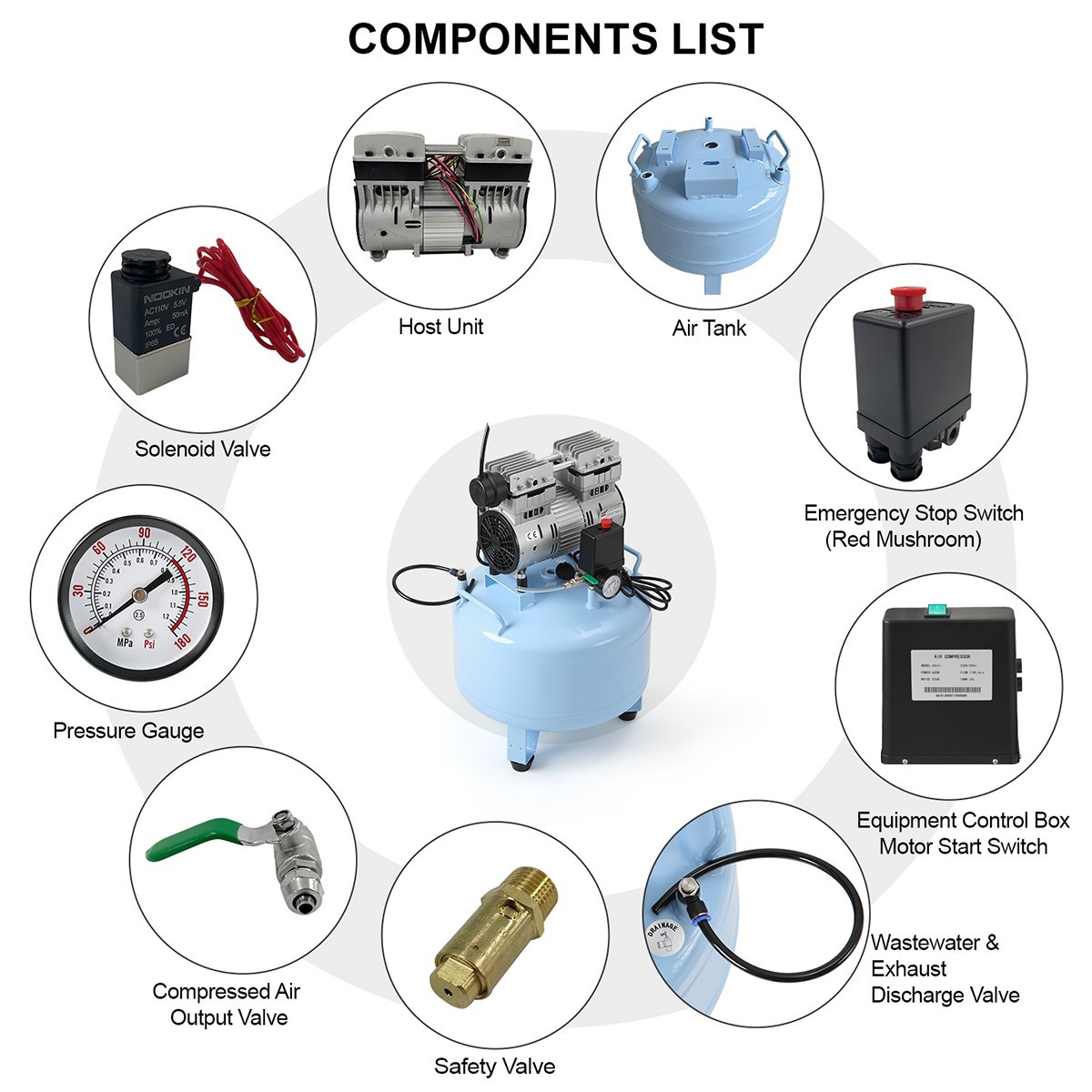 FDA CE Portable Dental Mobile Silent Oil-Free Air Compressor 24L/40L Air Tank