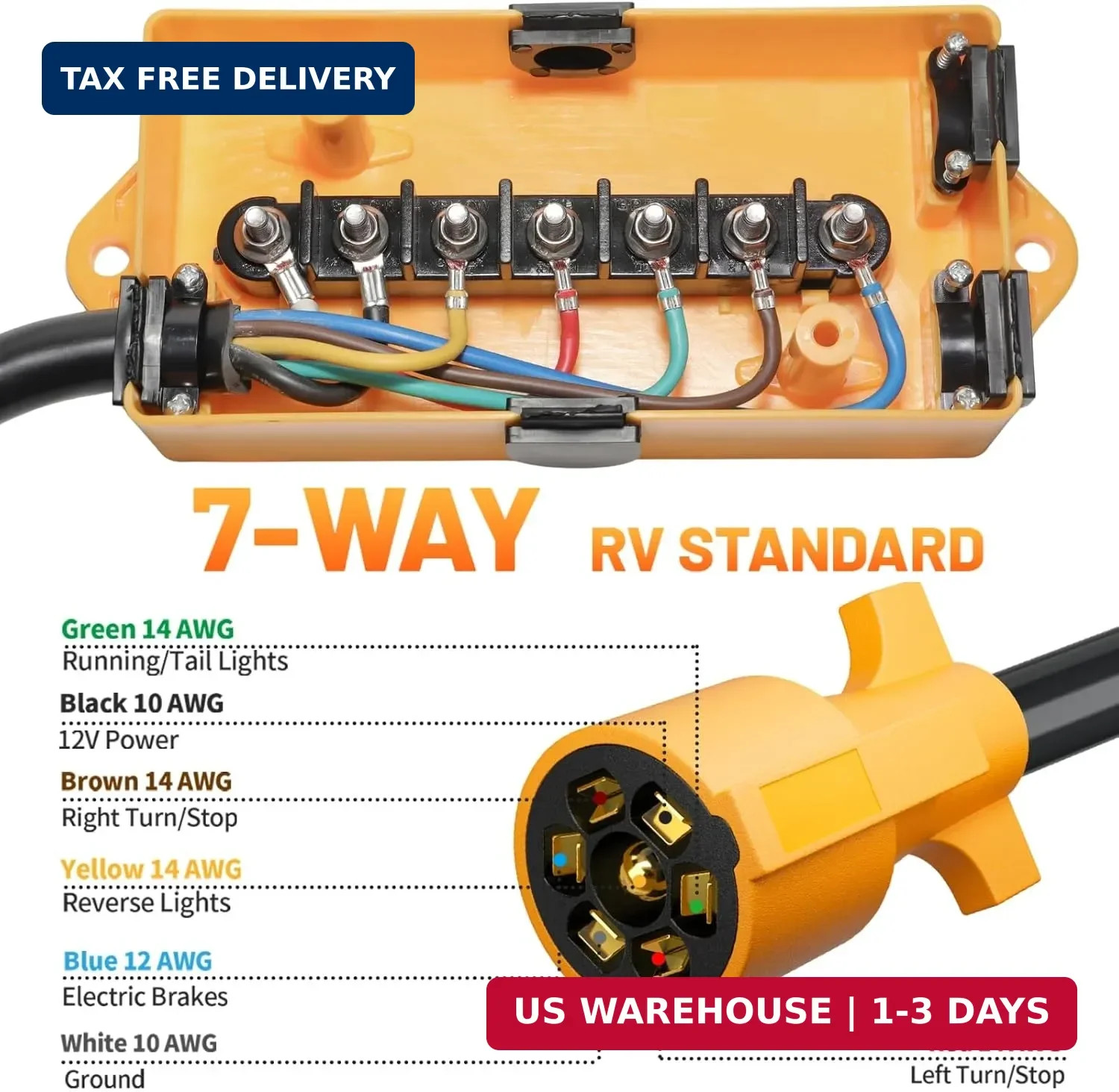 MECMO 7 Way Plug Inline Trailer Cord 8Ft, 7 Gang Junction Box, Heavy Duty 7 Term