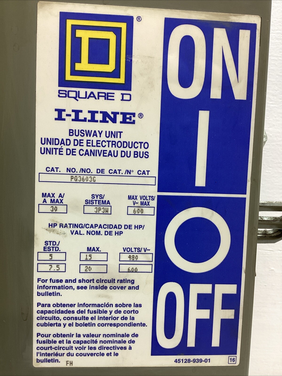 Square D I-Line Busway Unit PQ3603G 30Amp 600volts Tag #3