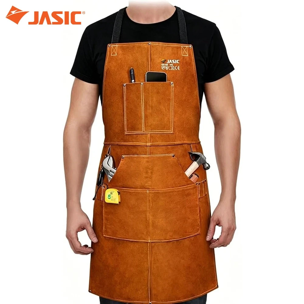 JASIC Cowhide Leather Welding Apron Adjustable, Heat Flame Resistant w/6 Pockets