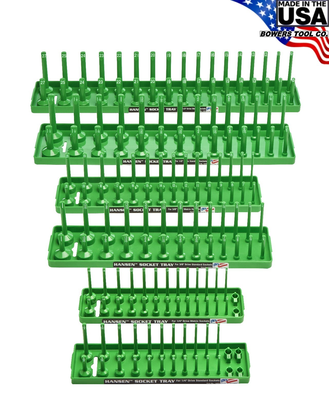 Hansen 6pc Socket Organizer Tray Rack Holder Metric SAE 1/4″ 3/8″ 1/2″ Green
