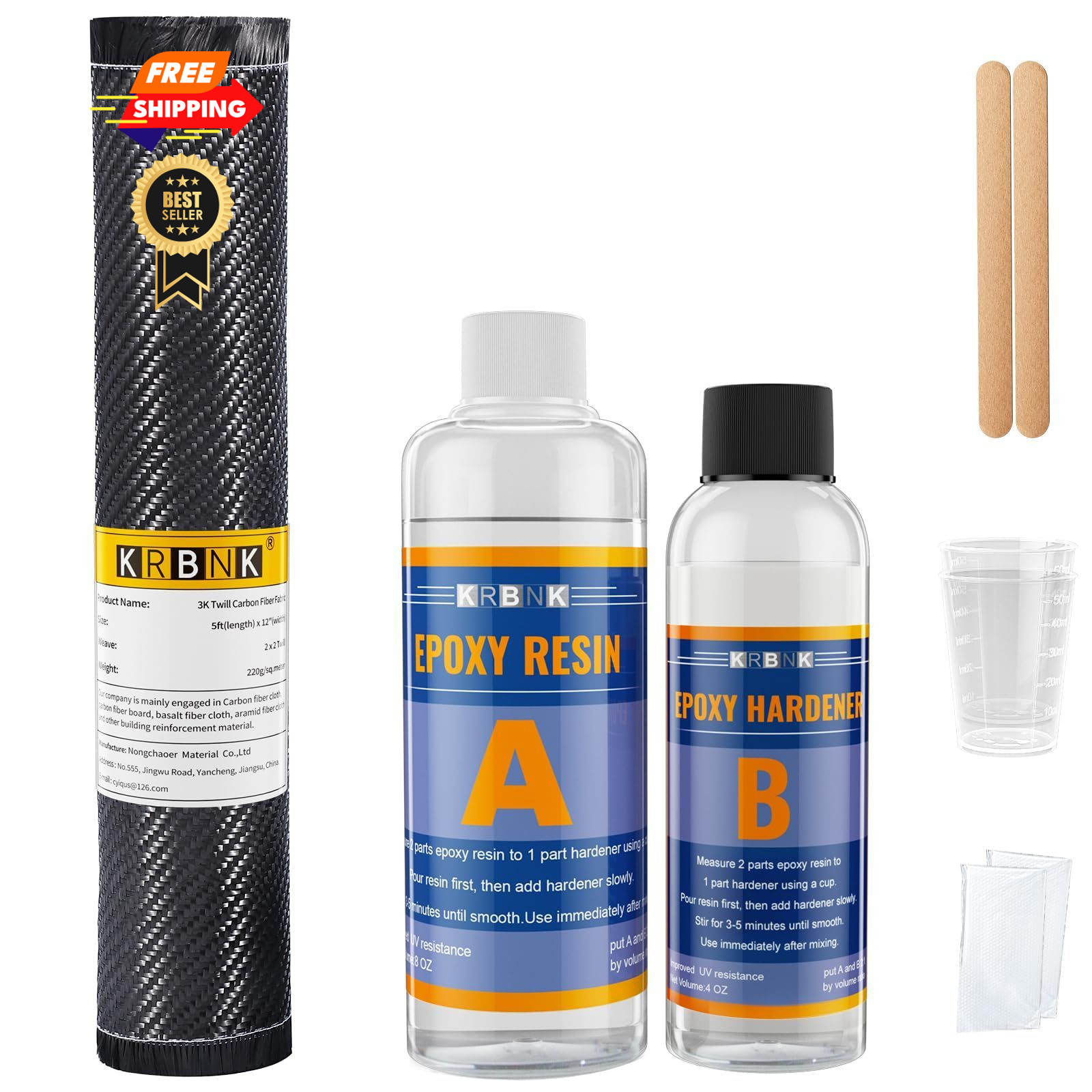 Krbnk 5FT Carbon Fiber Cloth + Epoxy Resin, + Resin