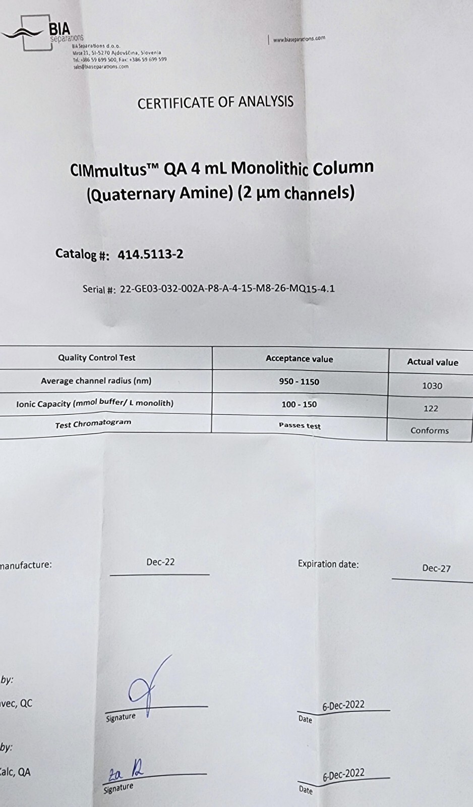 SARTORIUS/ BIA Separations CIMmultus QA 4 mL Monolithic Column (2 μm) 414.5113-2