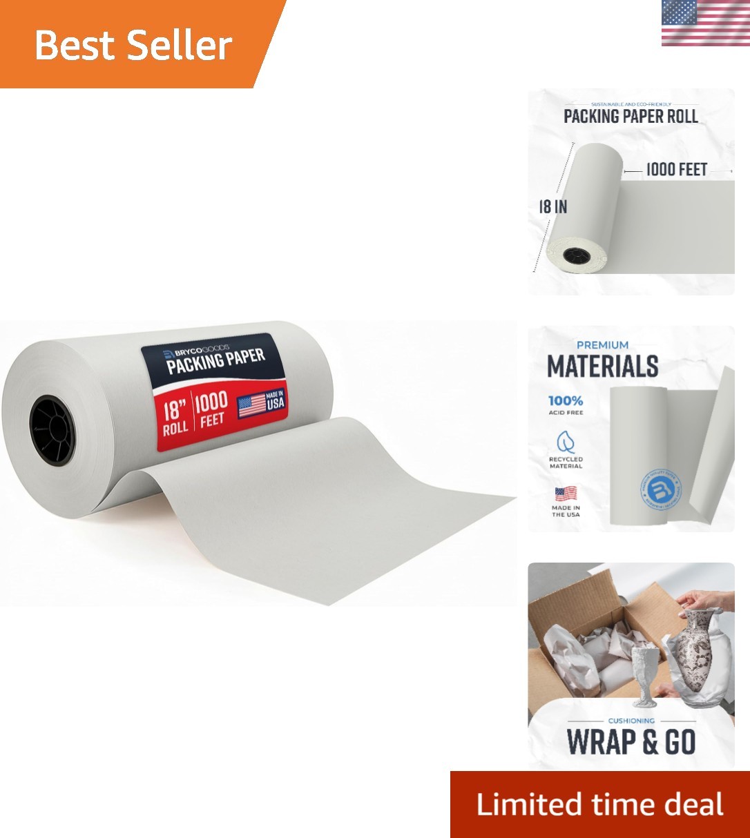 Large Newsprint Packing Paper Roll – 1000’L x 18”W
