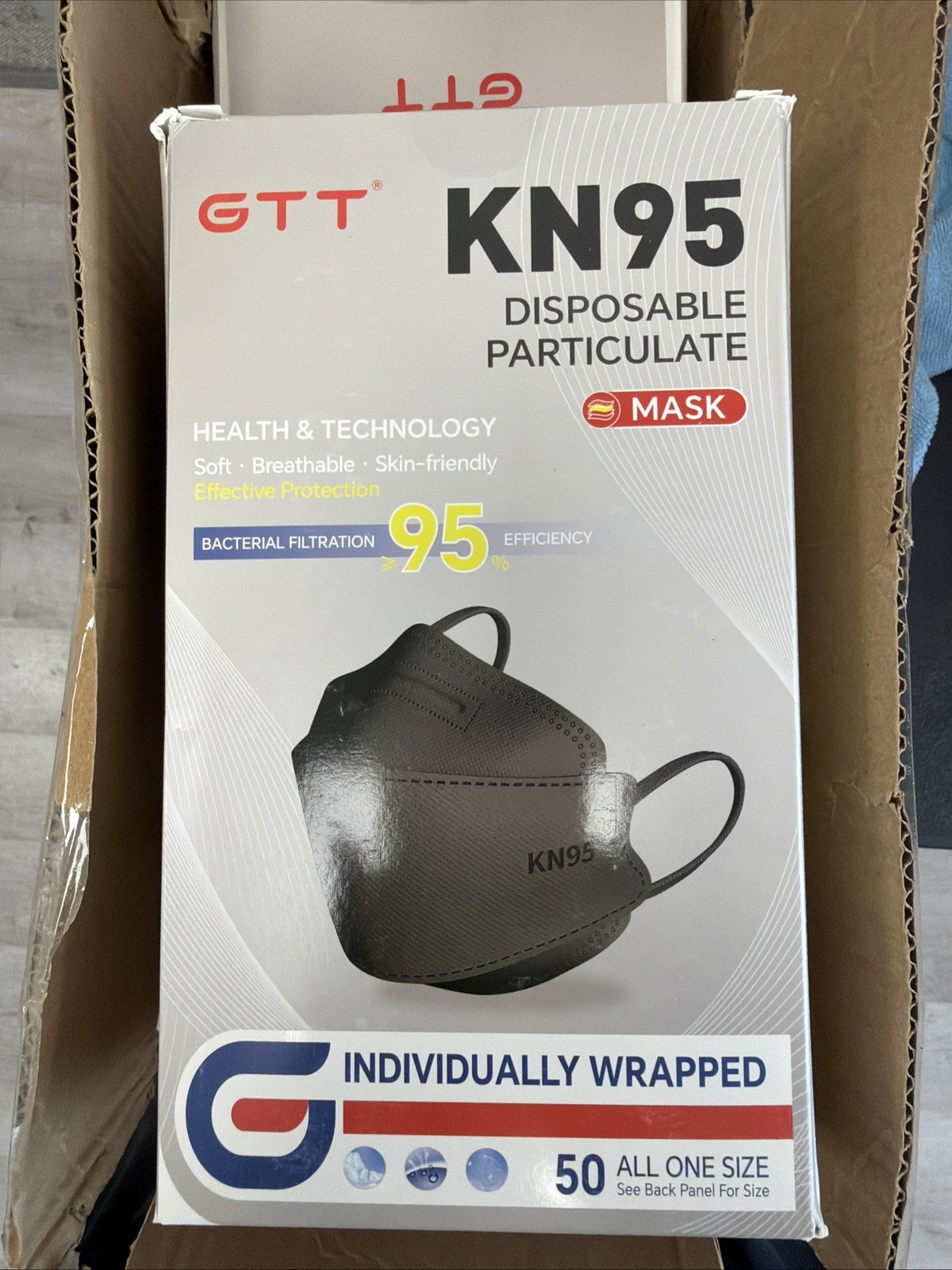GTT KN95 Black Disposable Particulate Masks Individually Wrapped 50 Pack