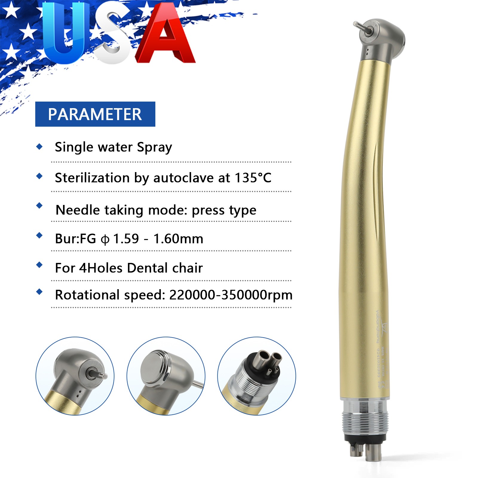 NSK Style Dental High Speed Handpiece Turbine 4 Holes 7 Colors Rotor Golden