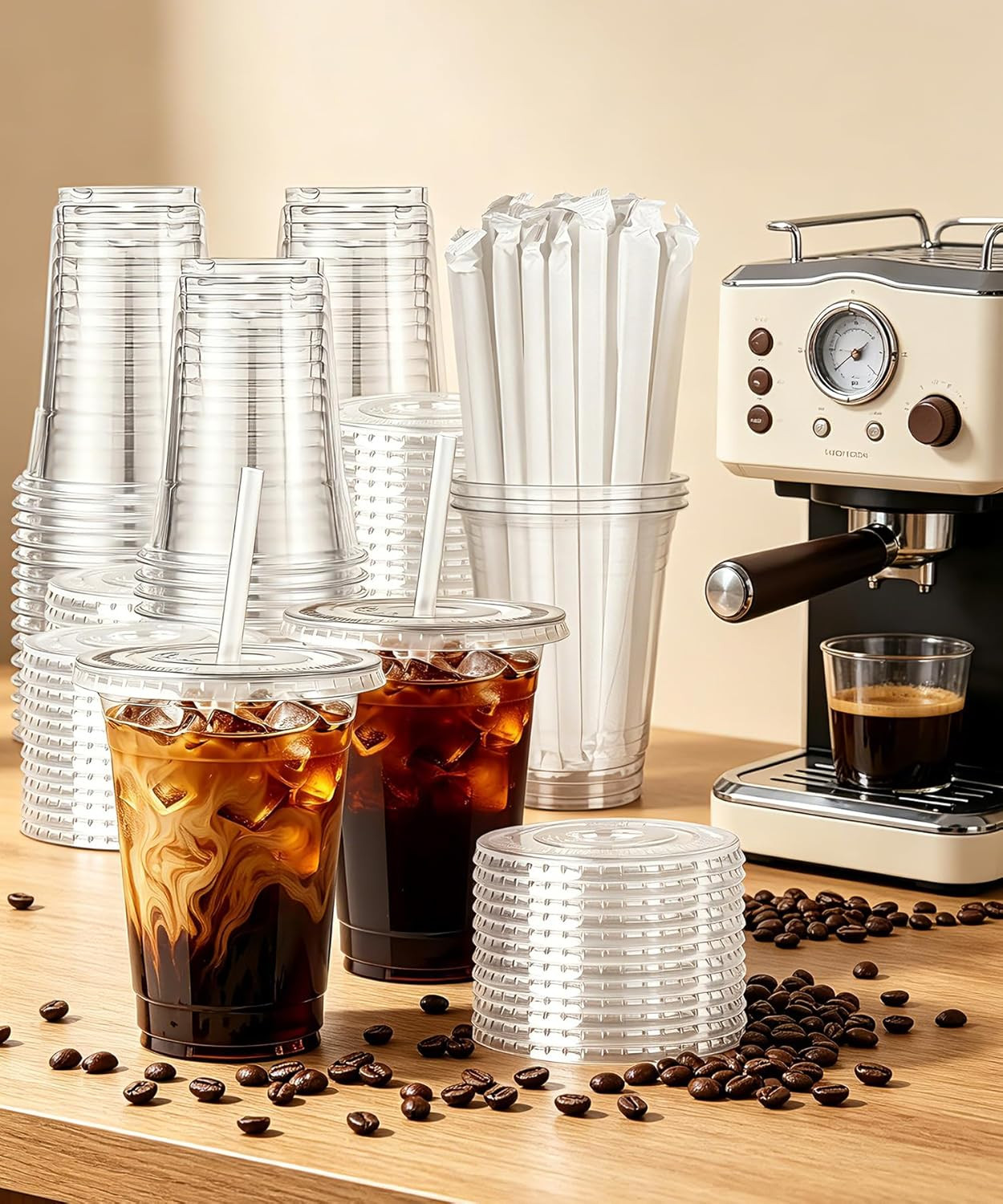 Ginkgo 50 Pack 16 Oz Clear Plastic Cups with Lids and Straws, Leak-Proof