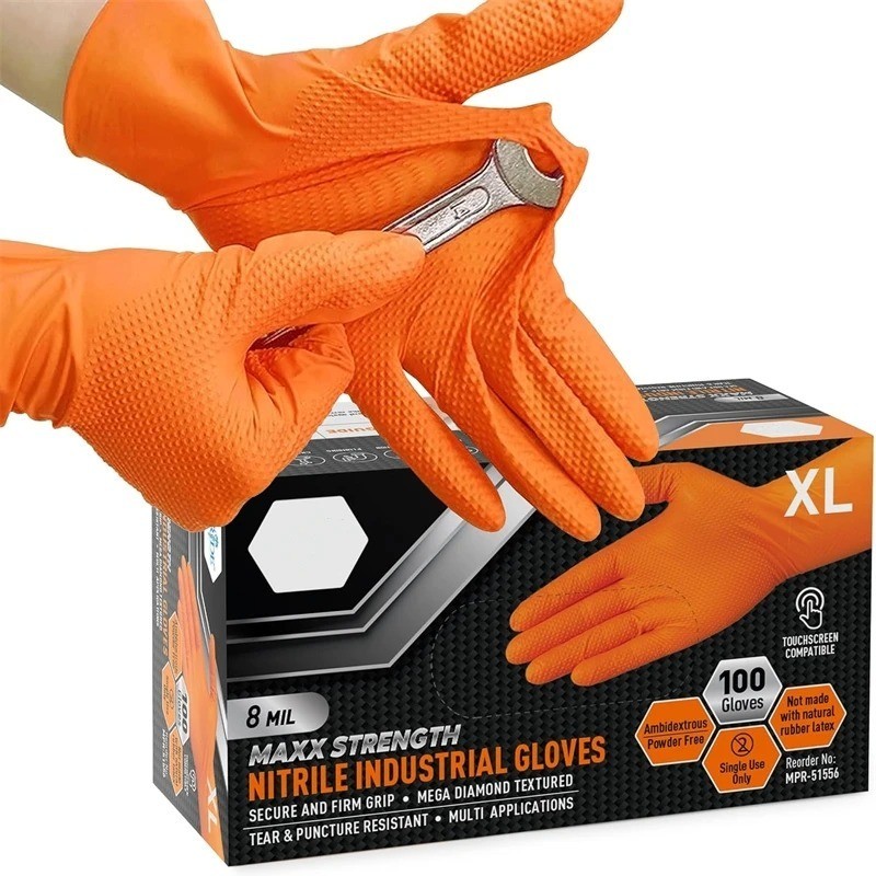 Heavy Duty 8 Mil Orange Nitrile Work Gloves Raised Diamond Texture Industrial